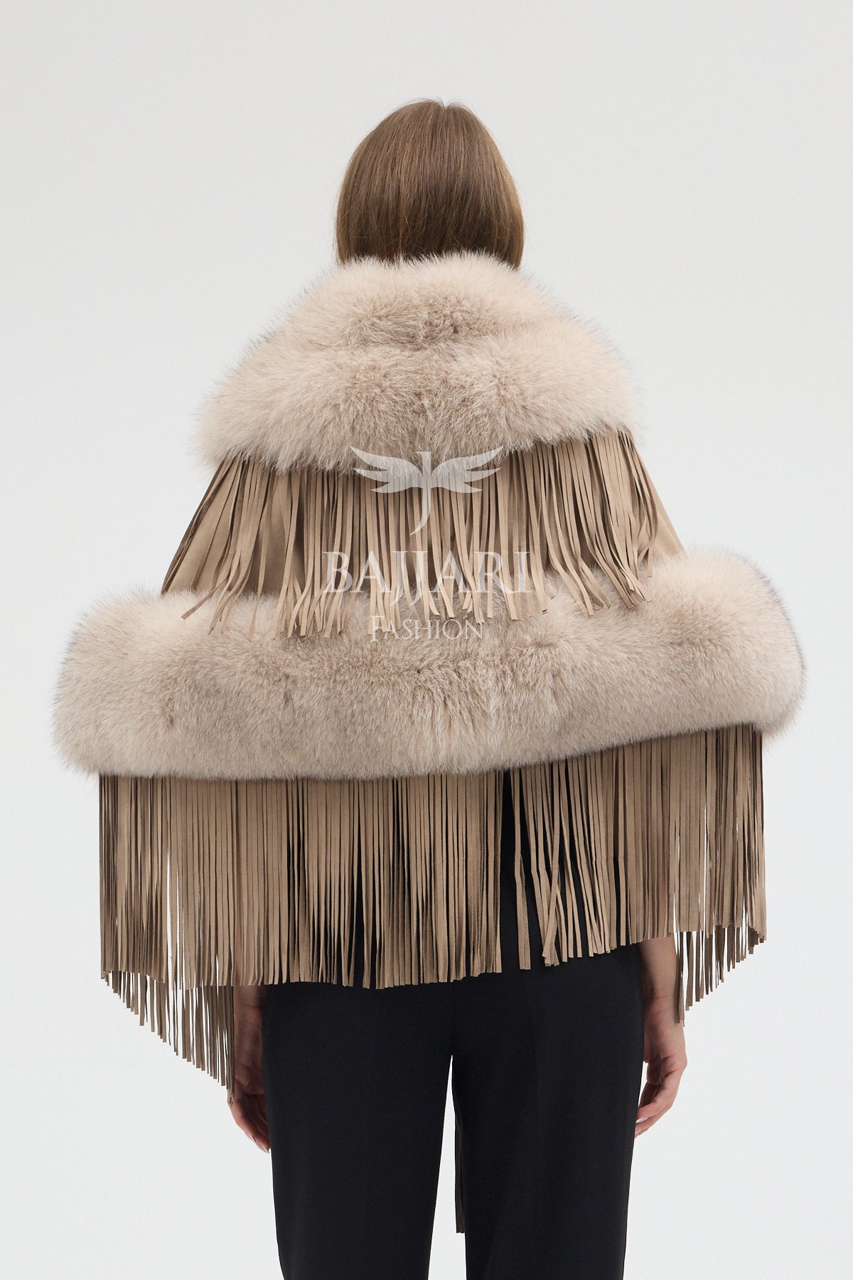 Beige Suede Fabric Real Fox Fur Embellished Tassel Cape Shawl
