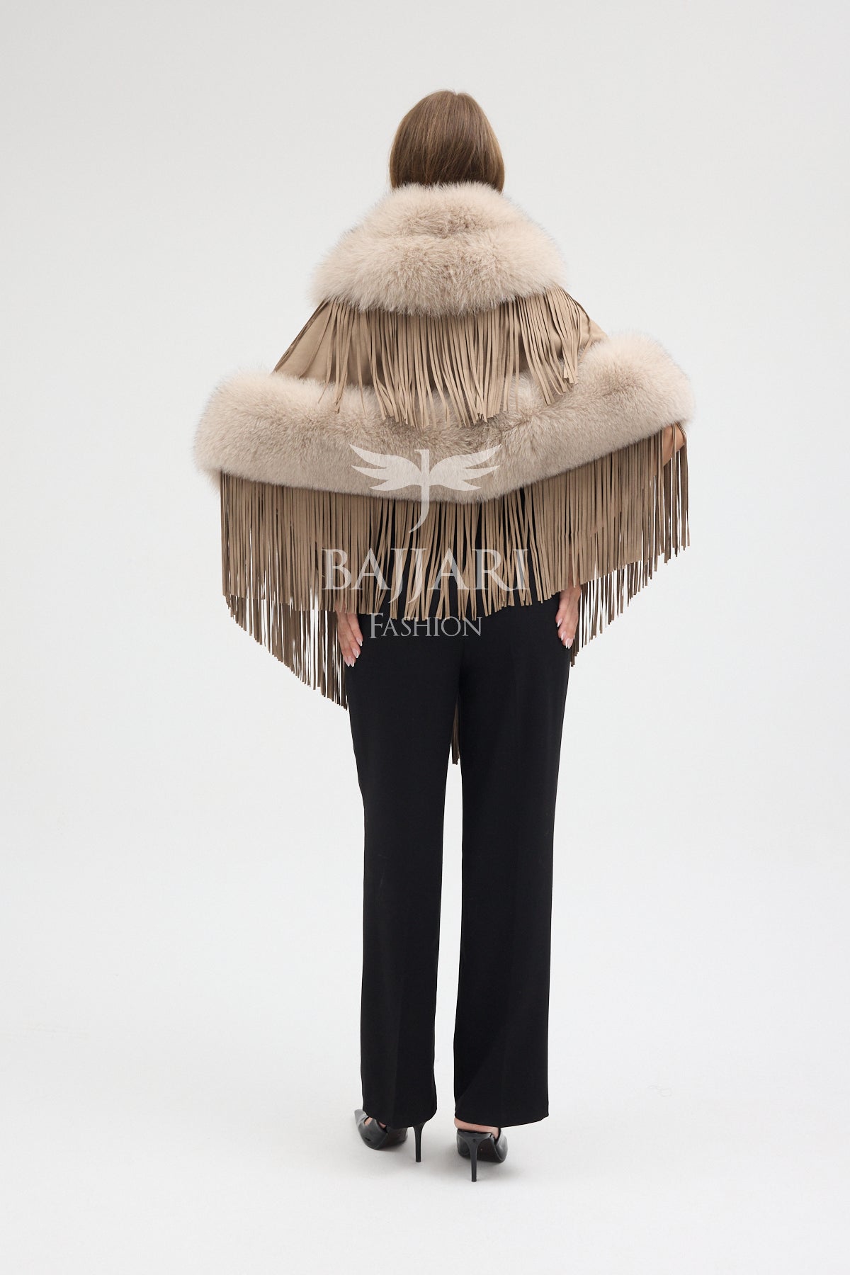 Beige Suede Fabric Real Fox Fur Embellished Tassel Cape Shawl