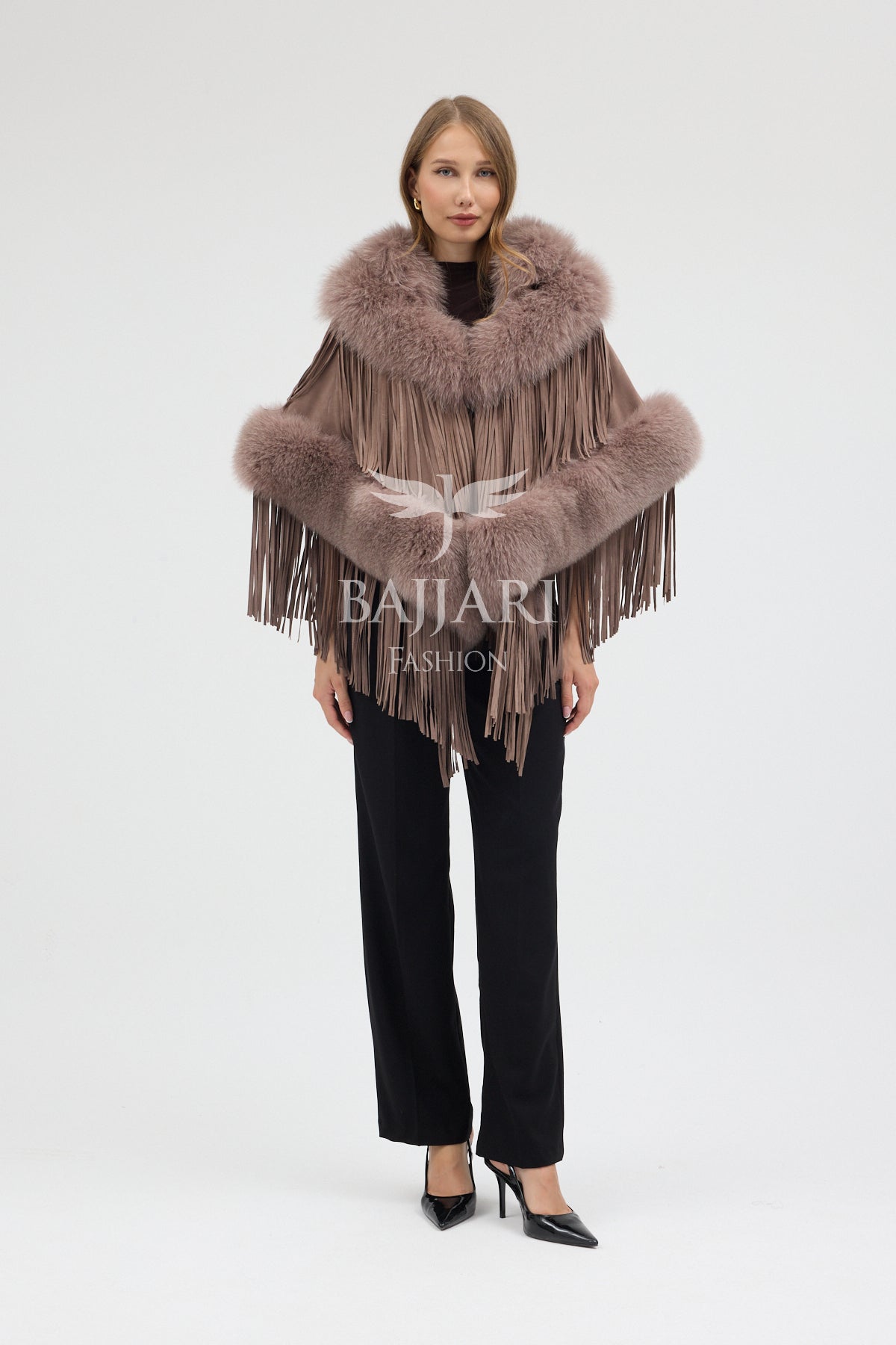 Cashmere Real Fox Fur Embellished Tassel Cape Shawl
