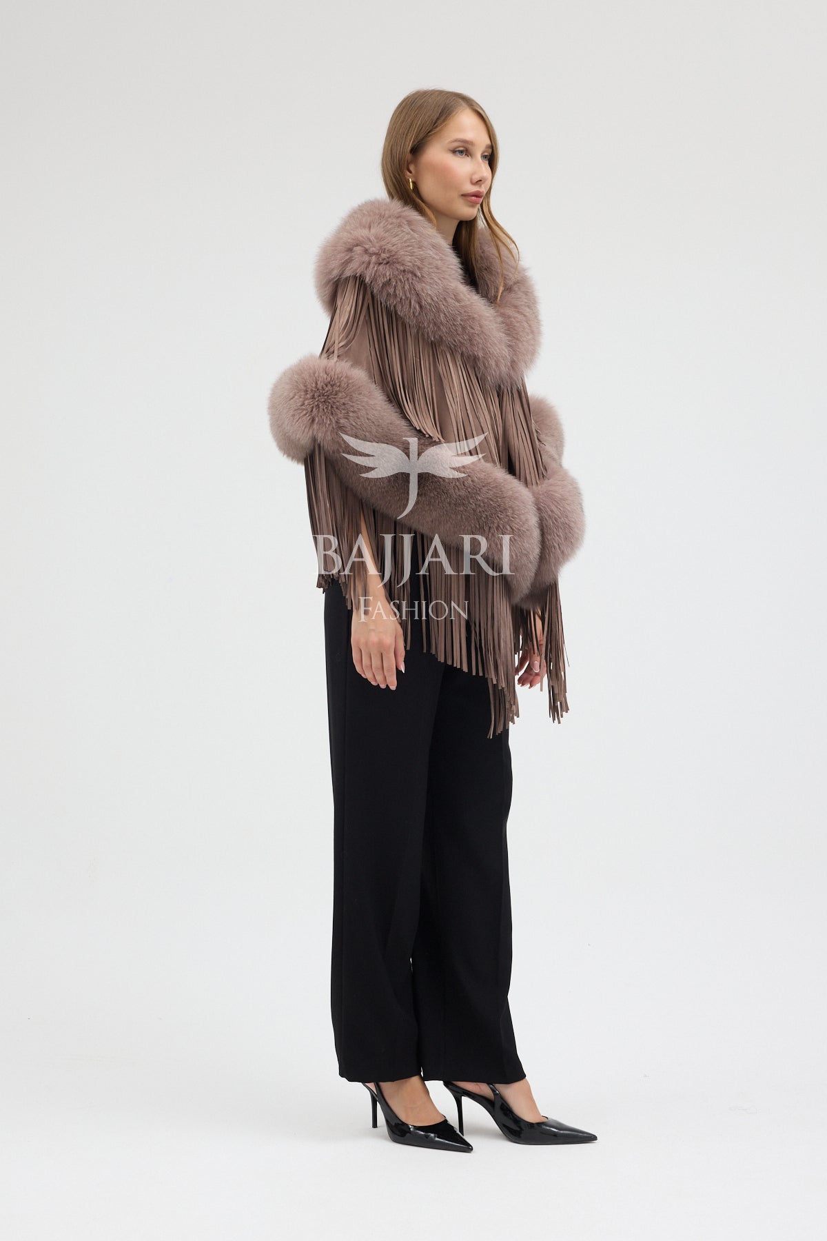 Cashmere Real Fox Fur Embellished Tassel Cape Shawl