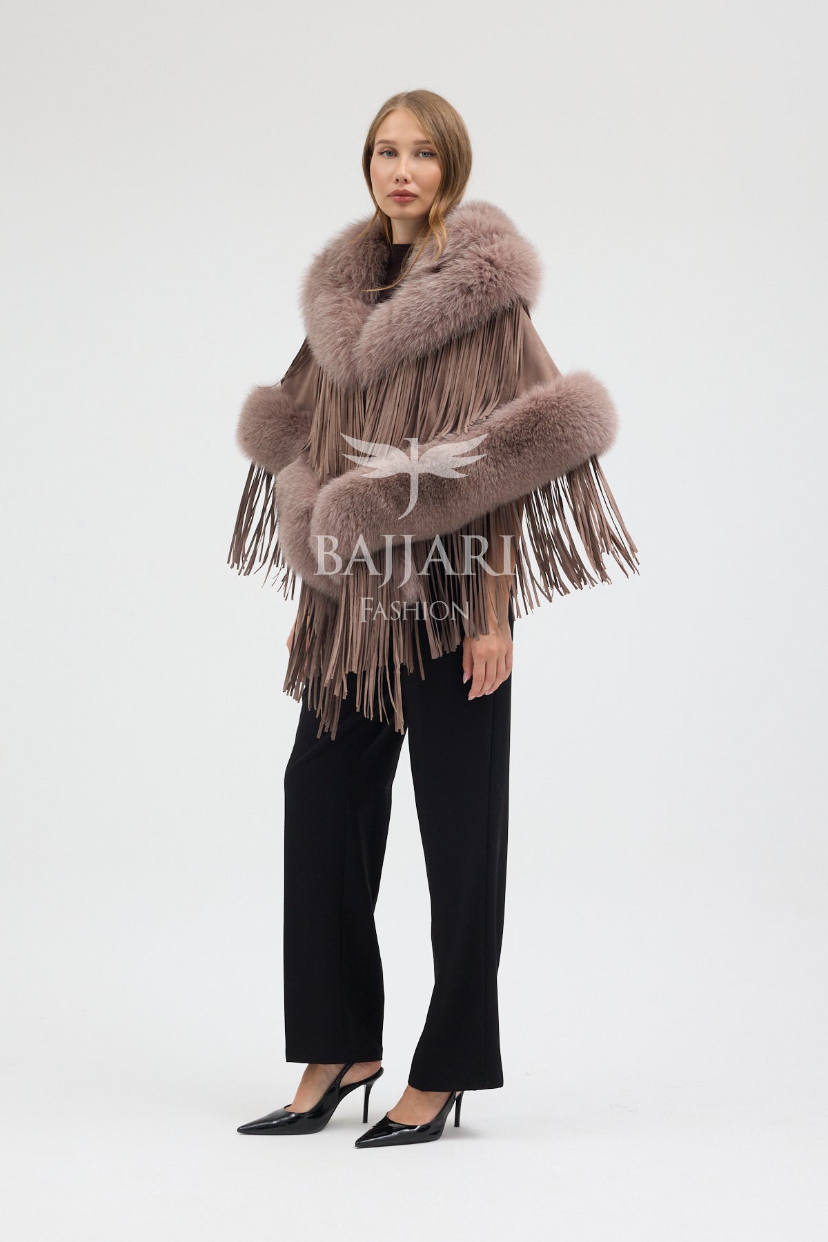 Cashmere Real Fox Fur Embellished Tassel Cape Shawl