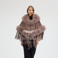 Cashmere Real Fox Fur Embellished Tassel Cape Shawl