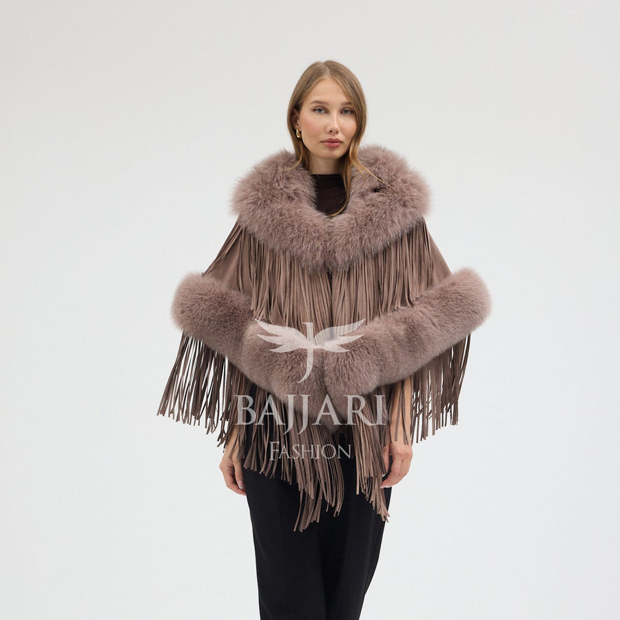 Suede Fabric Real Fox Fur Embellished Tassel Cape Shawl