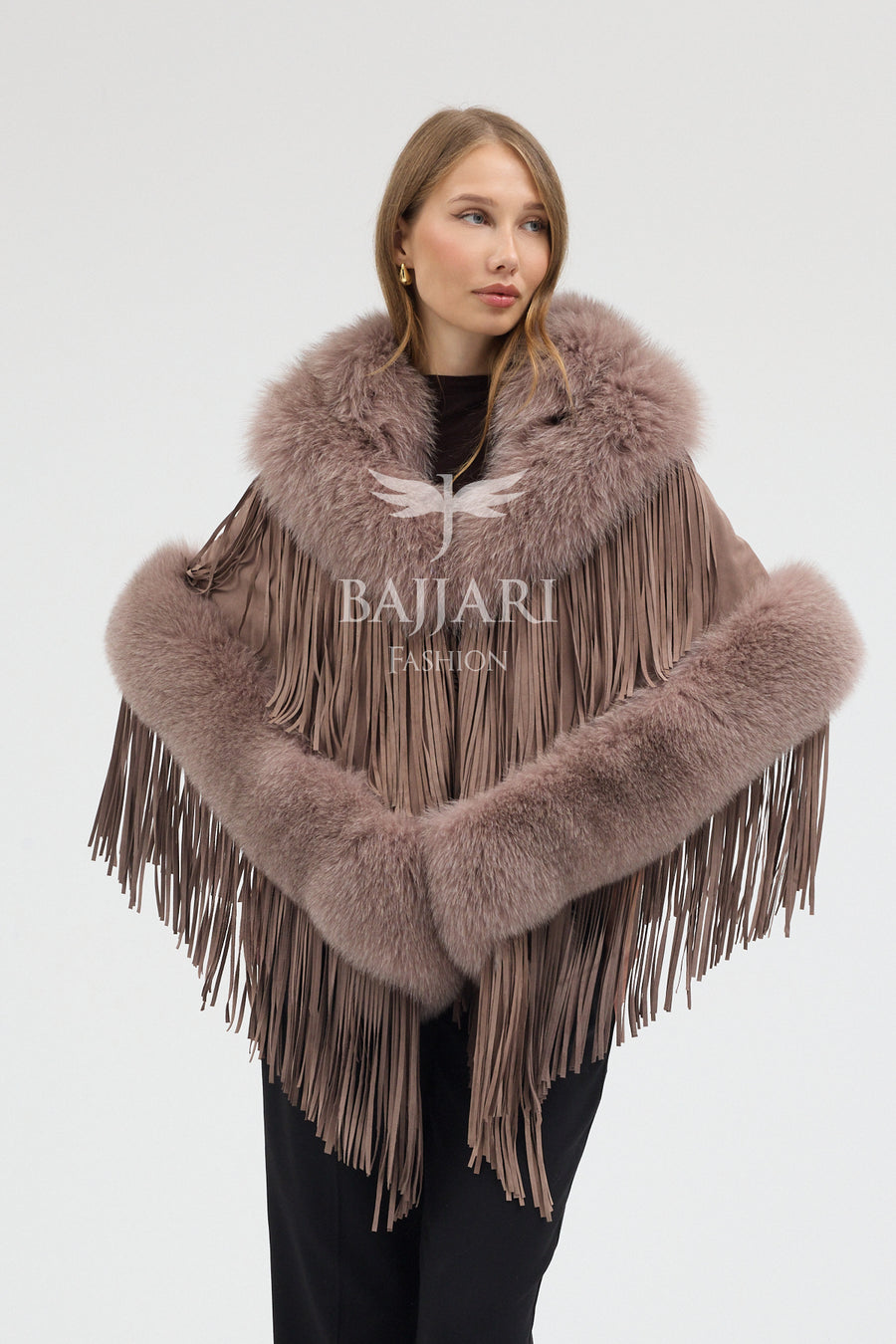 Suede Fabric Real Fox Fur Embellished Tassel Cape Shawl