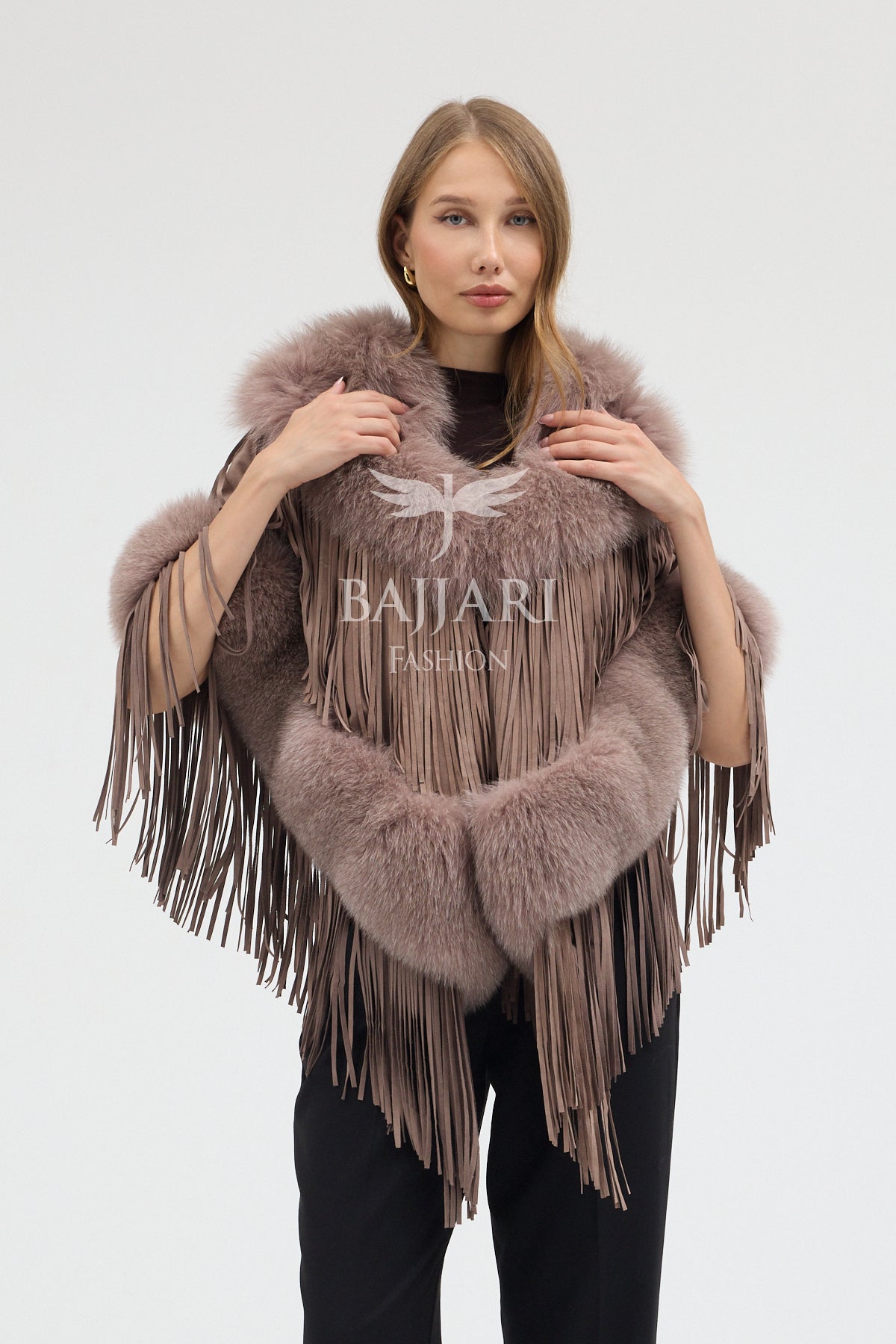 Cashmere Real Fox Fur Embellished Tassel Cape Shawl