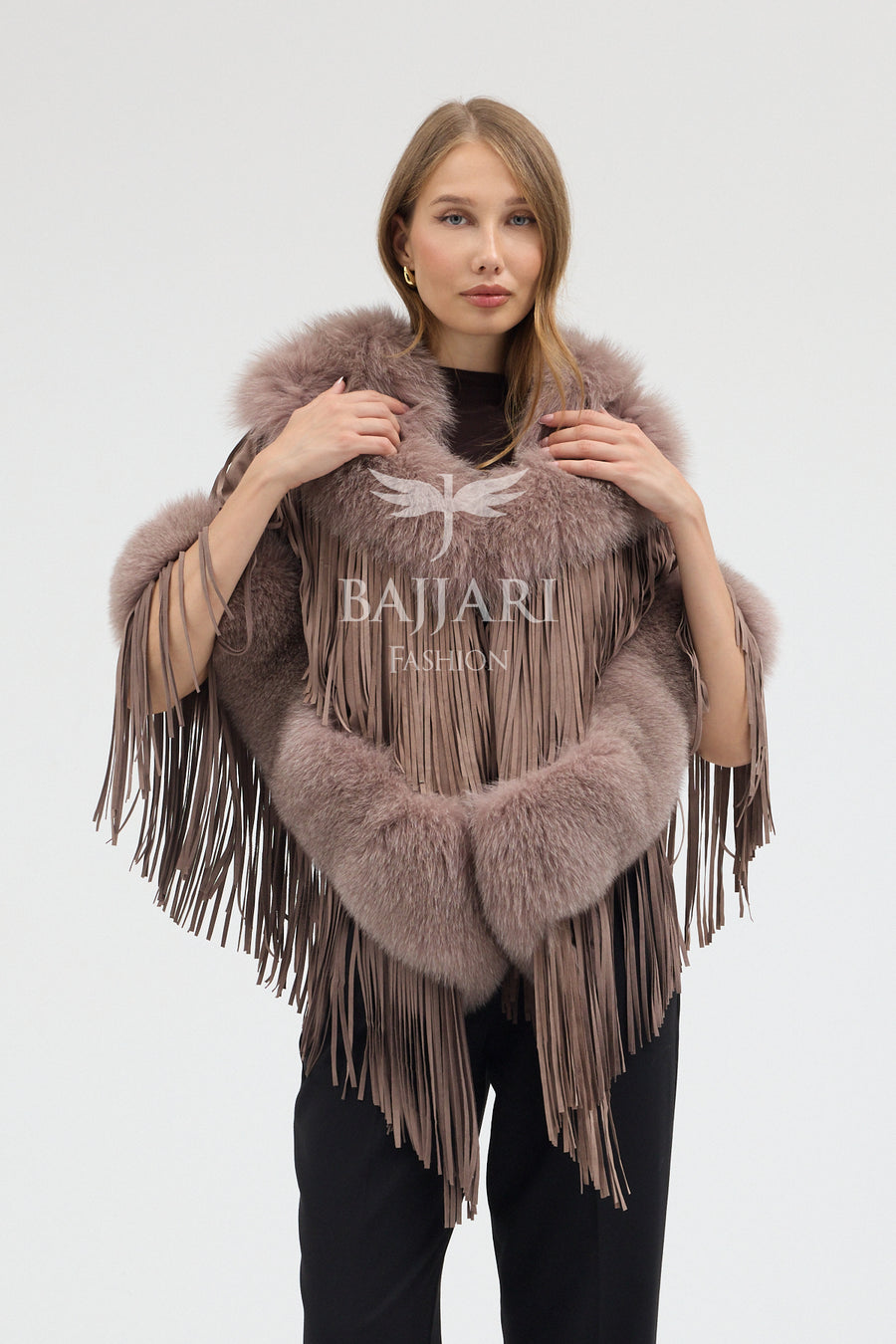 Suede Fabric Real Fox Fur Embellished Tassel Cape Shawl