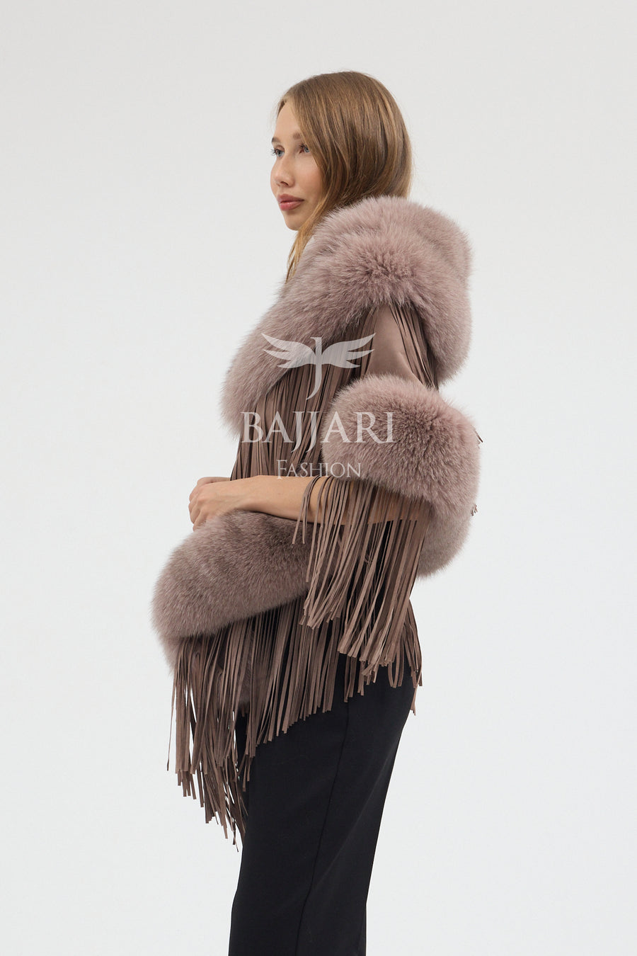 Suede Fabric Real Fox Fur Embellished Tassel Cape Shawl