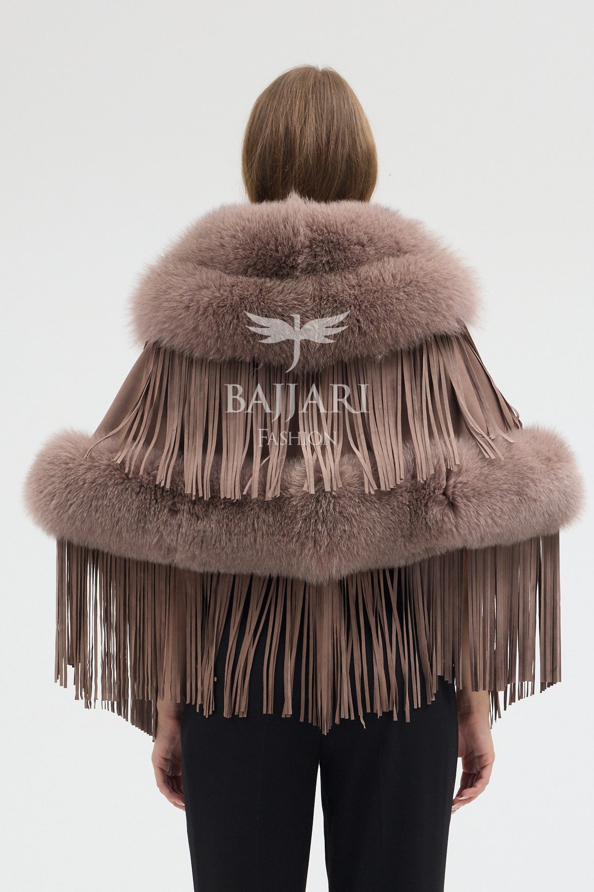 Cashmere Real Fox Fur Embellished Tassel Cape Shawl