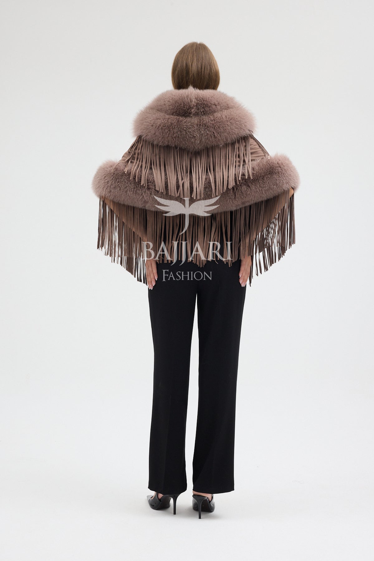 Cashmere Real Fox Fur Embellished Tassel Cape Shawl