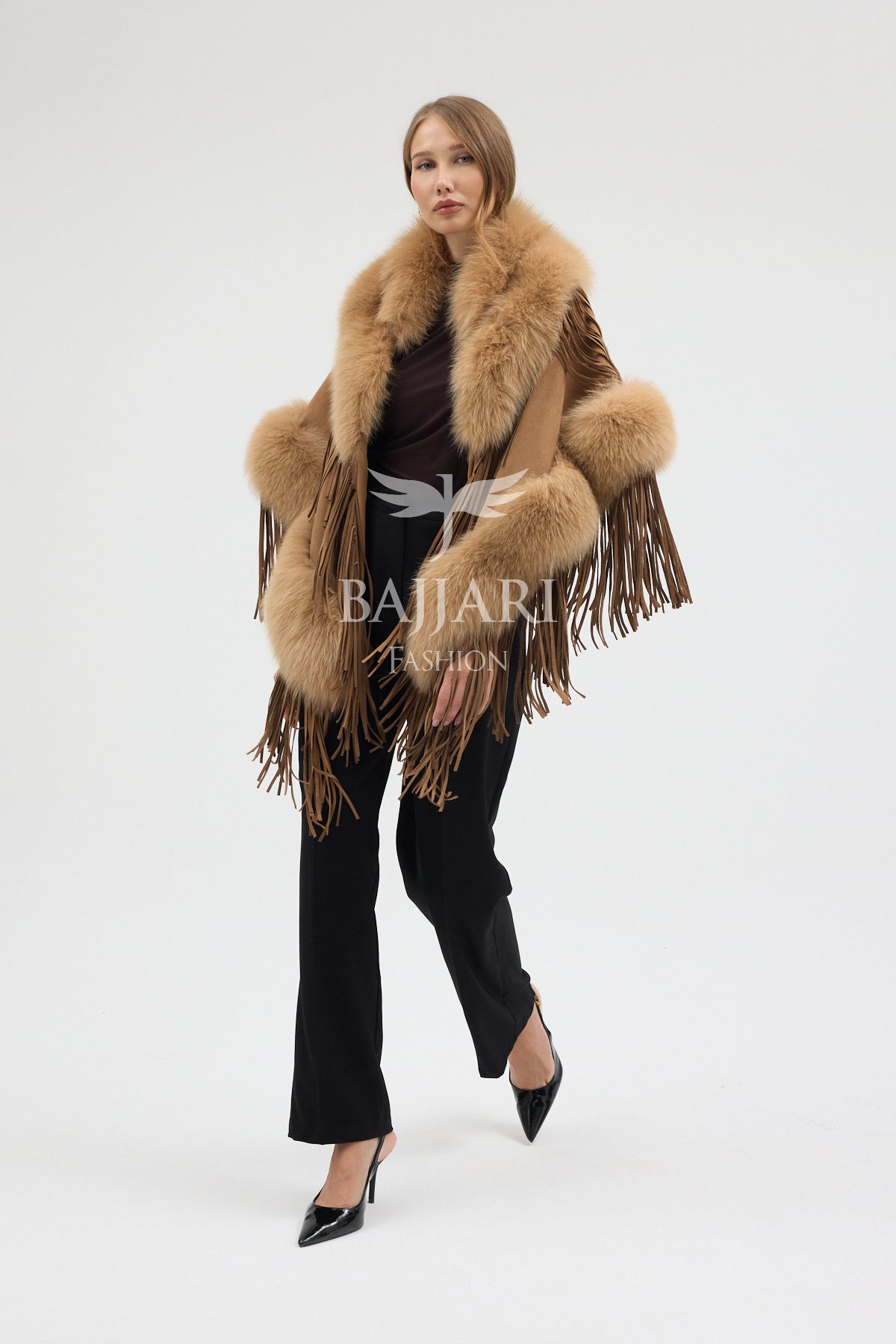 Gold Suede Fabric Real Fox Fur Embellished Tassel Cape Shawl