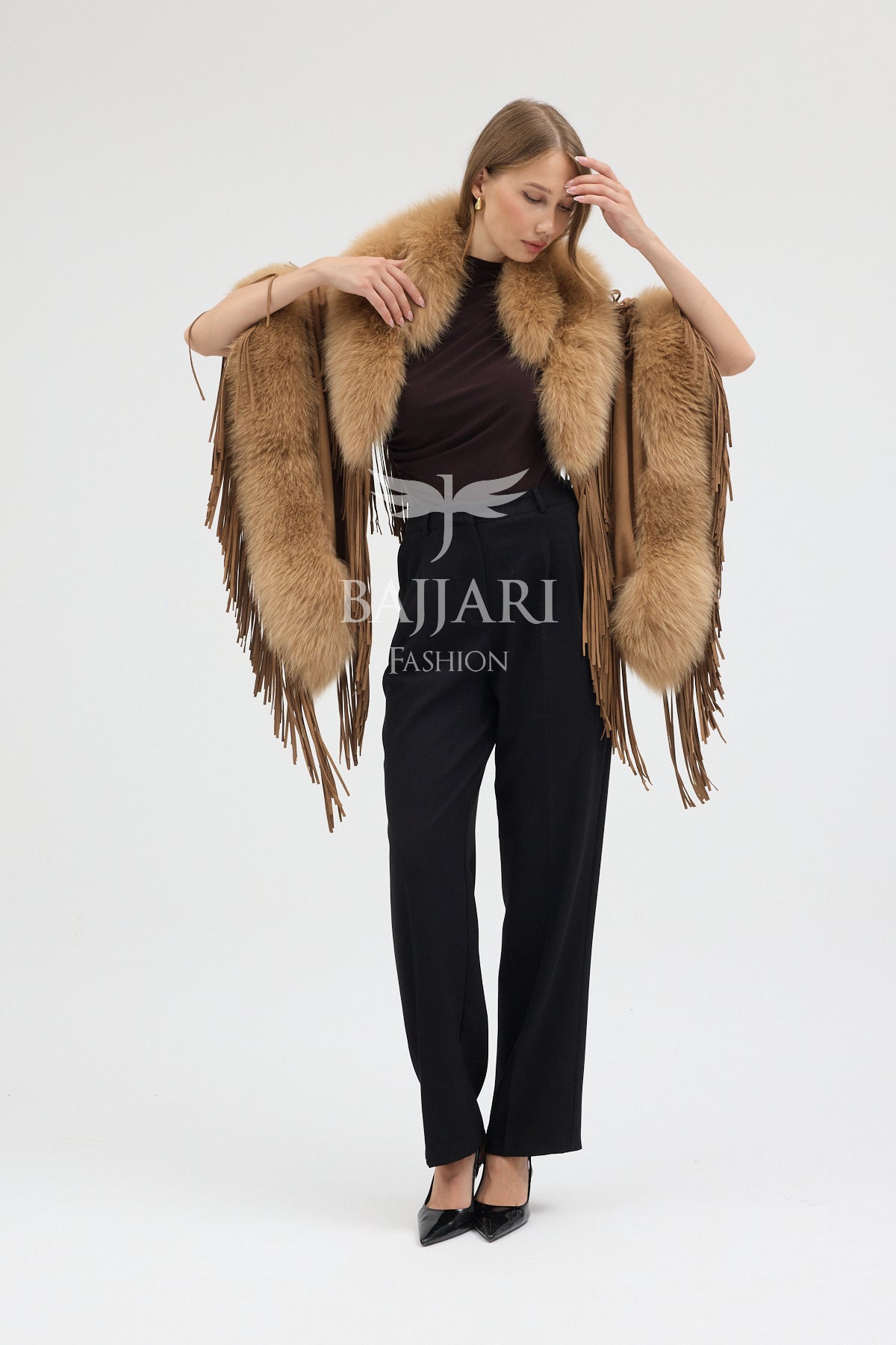 Gold Suede Fabric Real Fox Fur Embellished Tassel Cape Shawl
