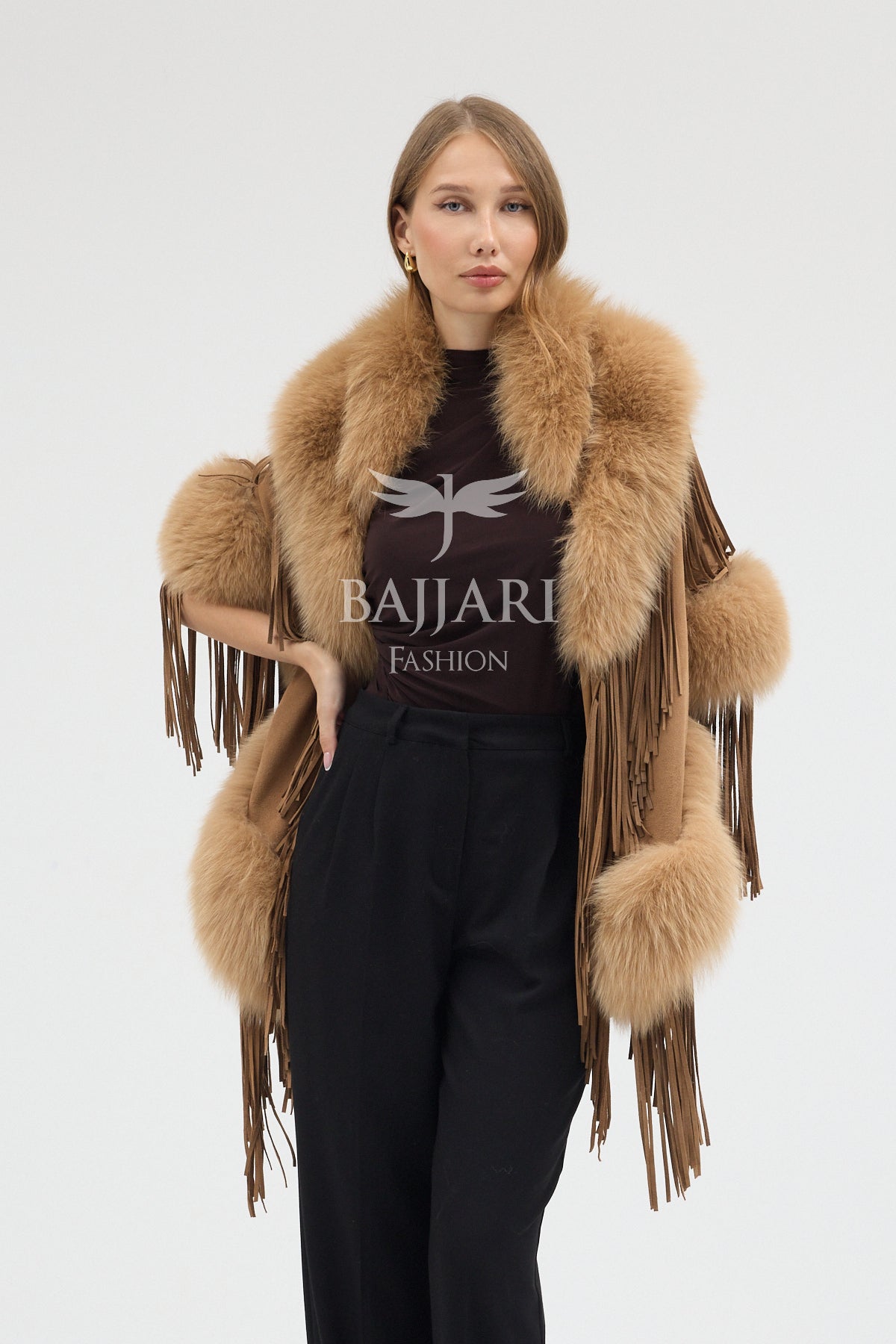 Gold Suede Fabric Real Fox Fur Embellished Tassel Cape Shawl