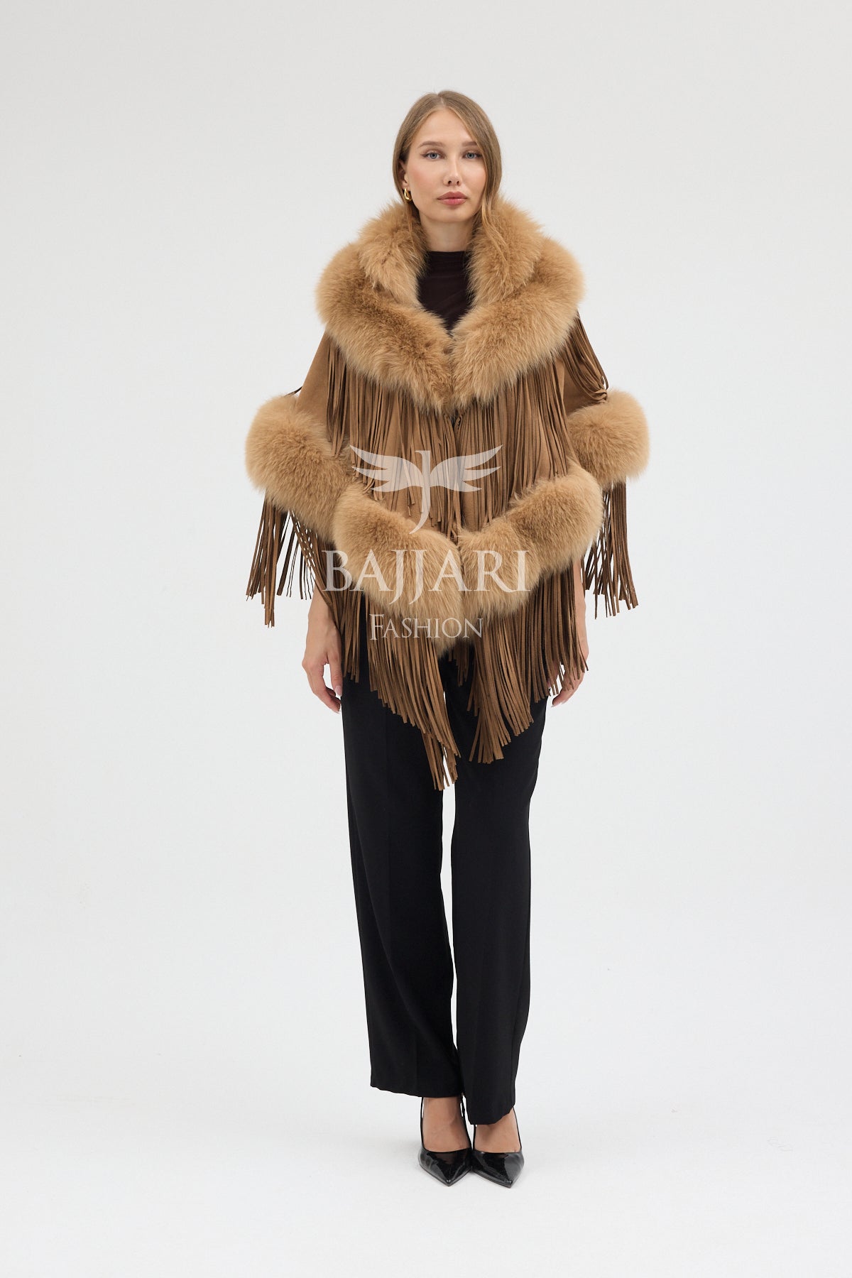 Gold Suede Fabric Real Fox Fur Embellished Tassel Cape Shawl