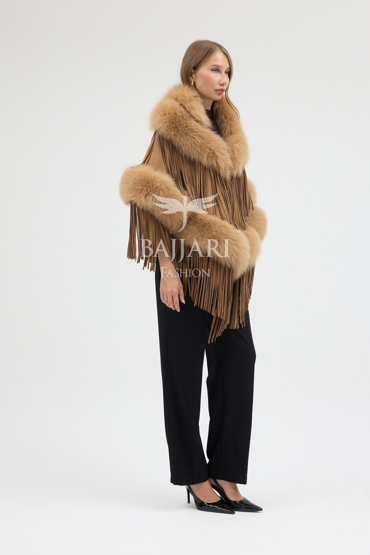 Gold Suede Fabric Real Fox Fur Embellished Tassel Cape Shawl