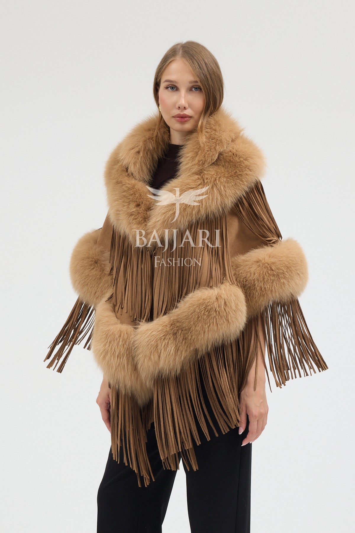 Gold Suede Fabric Real Fox Fur Embellished Tassel Cape Shawl