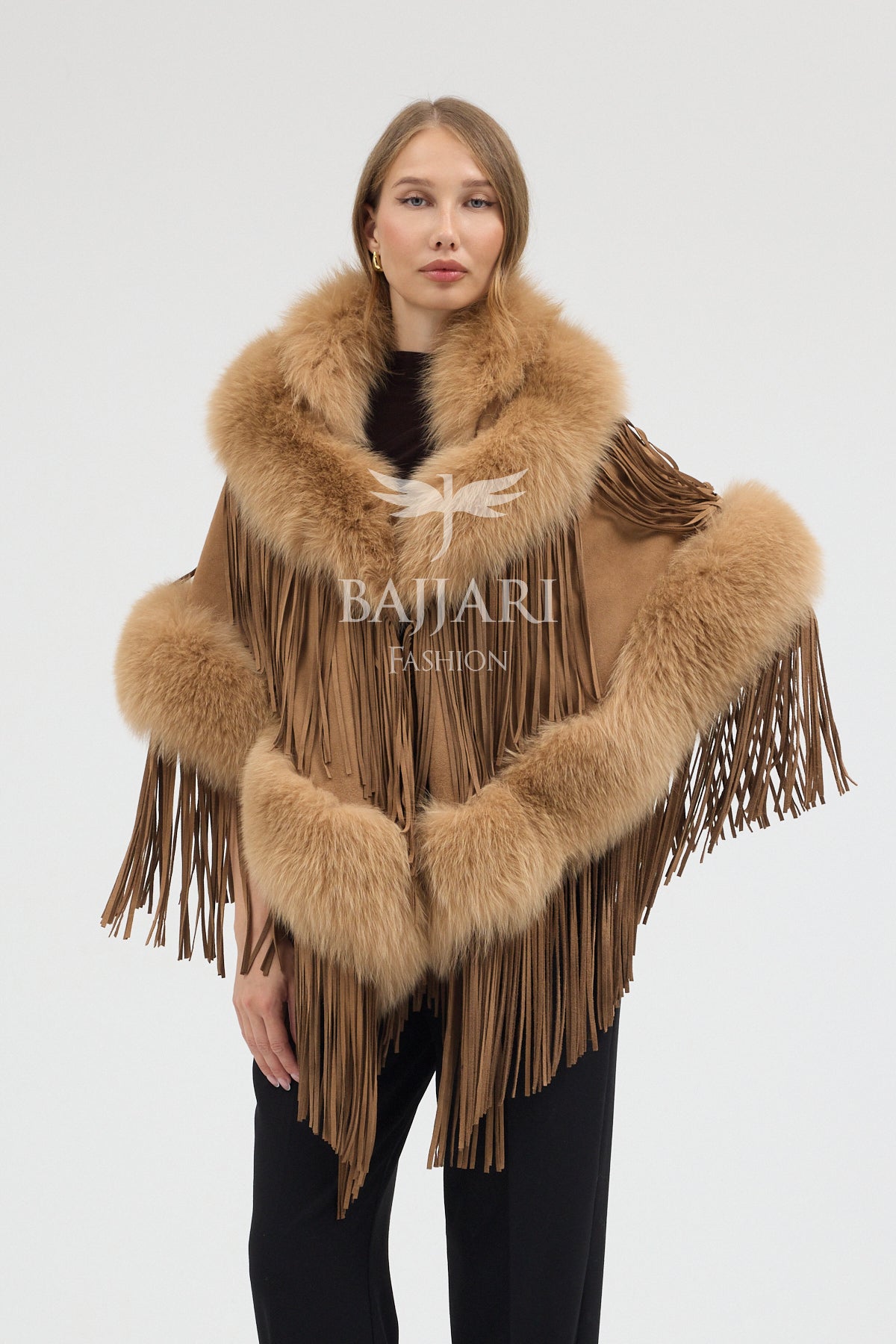 Gold Suede Fabric Real Fox Fur Embellished Tassel Cape Shawl