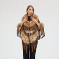 Gold Suede Fabric Real Fox Fur Embellished Tassel Cape Shawl