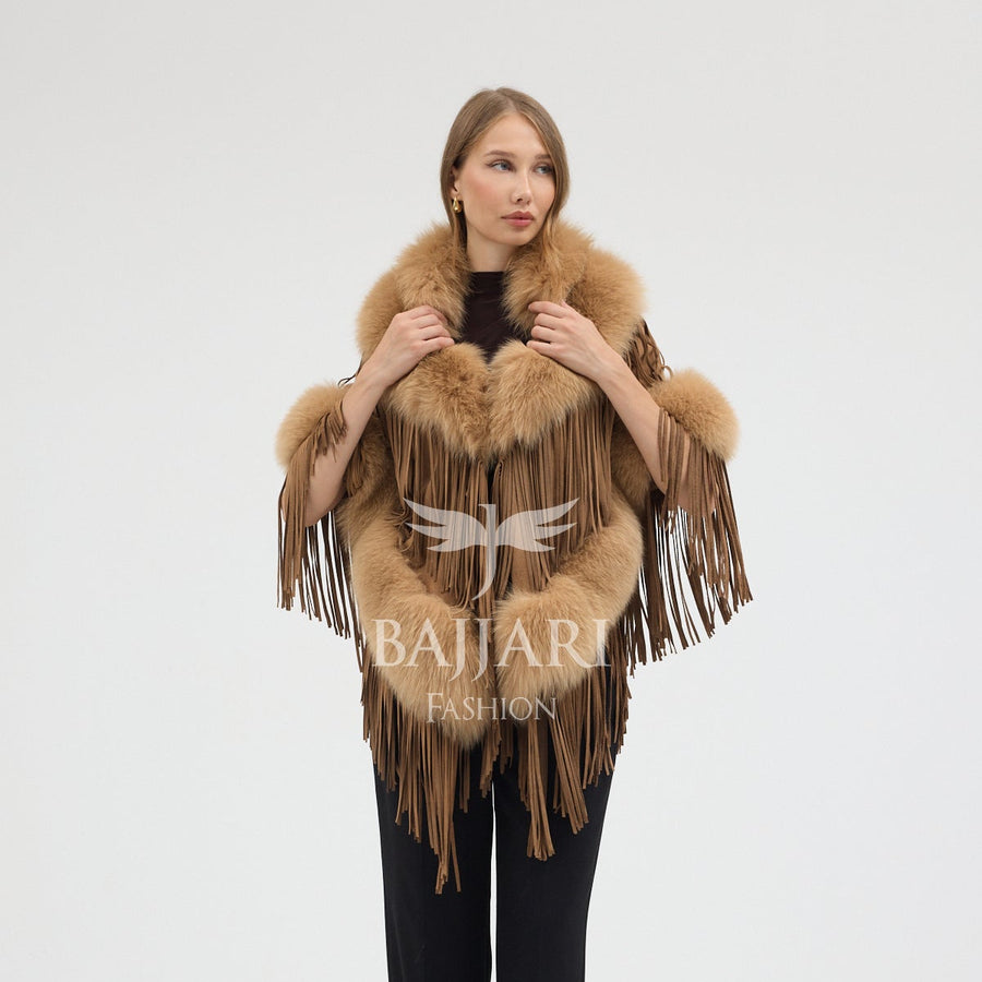 Gold Suede Fabric Real Fox Fur Embellished Tassel Cape Shawl
