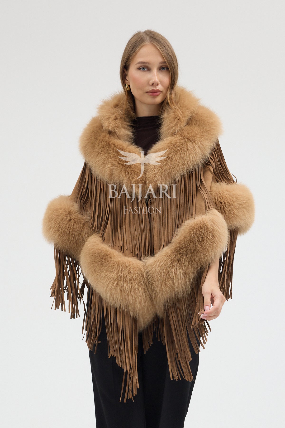 Gold Suede Fabric Real Fox Fur Embellished Tassel Cape Shawl