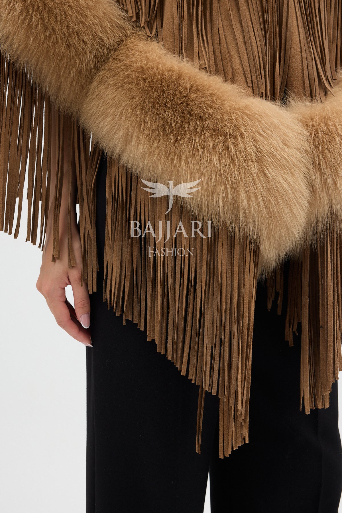 Gold Suede Fabric Real Fox Fur Embellished Tassel Cape Shawl