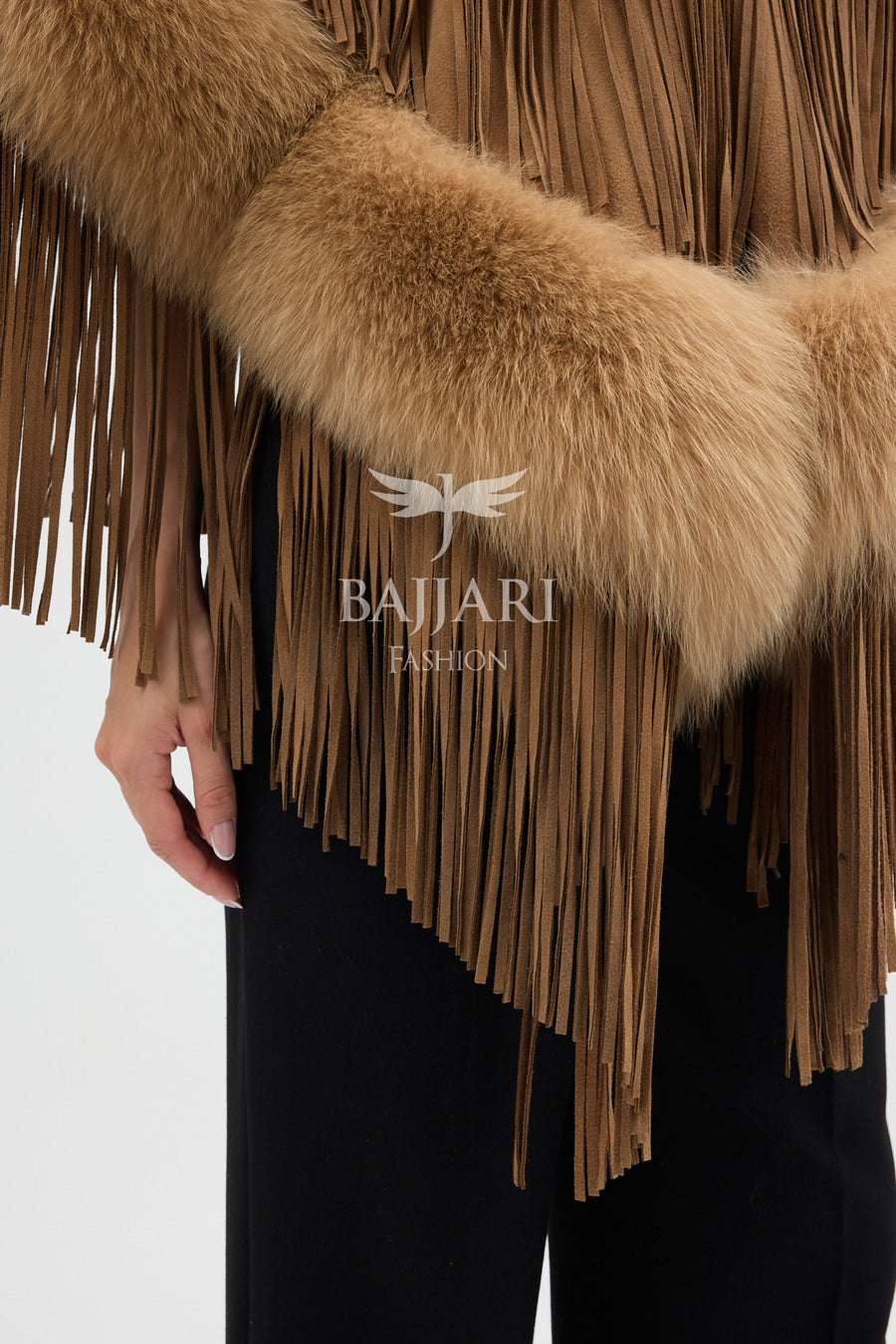 Gold Suede Fabric Real Fox Fur Embellished Tassel Cape Shawl