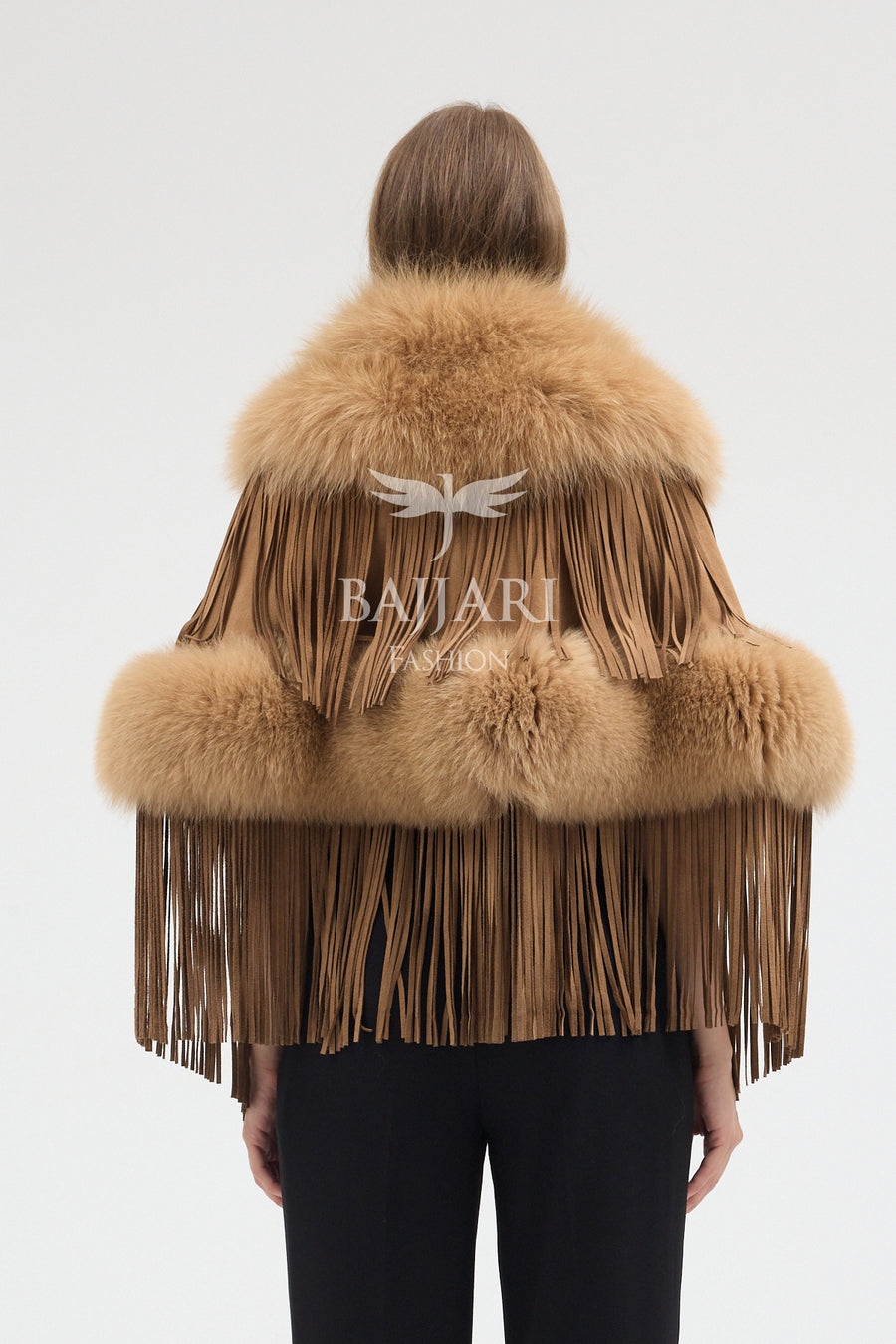 Gold Suede Fabric Real Fox Fur Embellished Tassel Cape Shawl