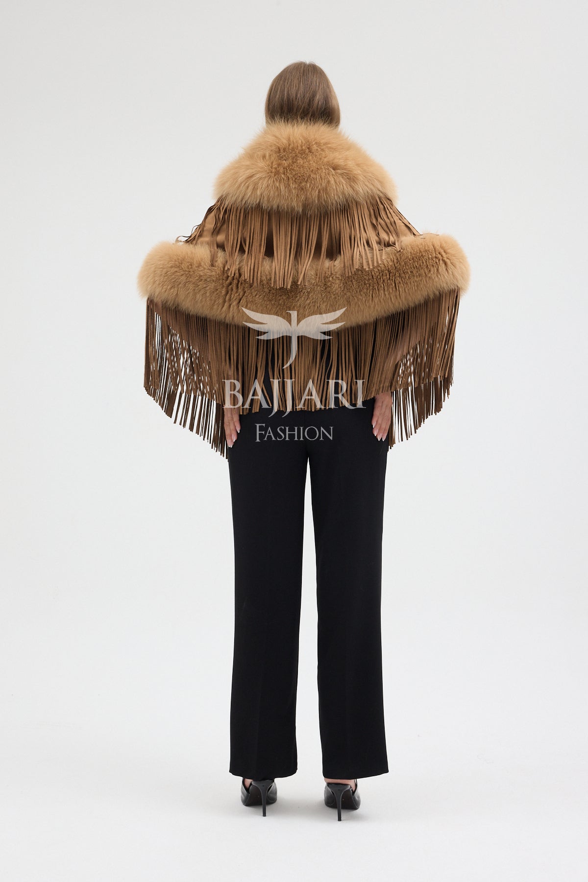 Gold Suede Fabric Real Fox Fur Embellished Tassel Cape Shawl