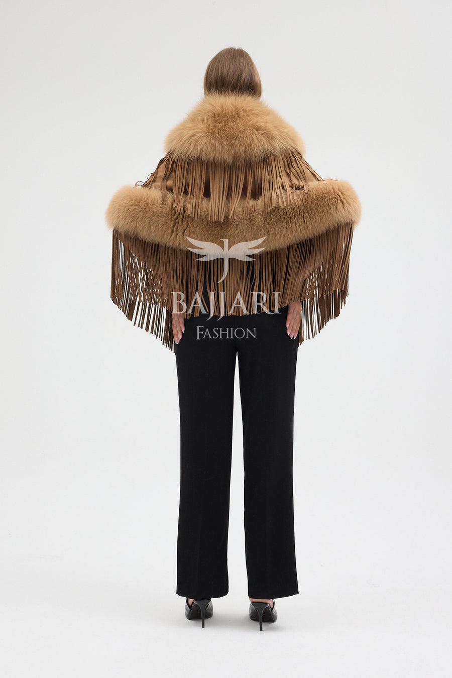 Gold Suede Fabric Real Fox Fur Embellished Tassel Cape Shawl