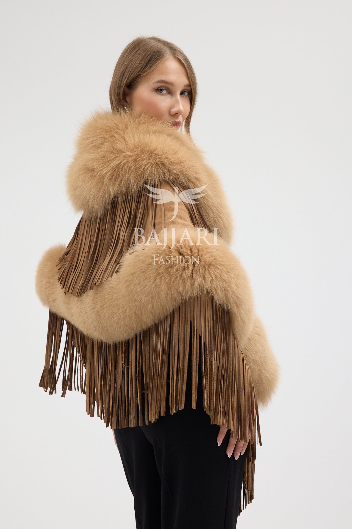 Gold Suede Fabric Real Fox Fur Embellished Tassel Cape Shawl