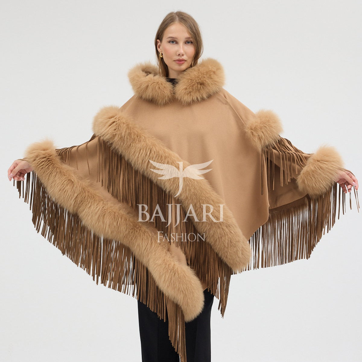 Hooded Cashmere Real Fox Fur Embroidered Tassel Cape Shawl