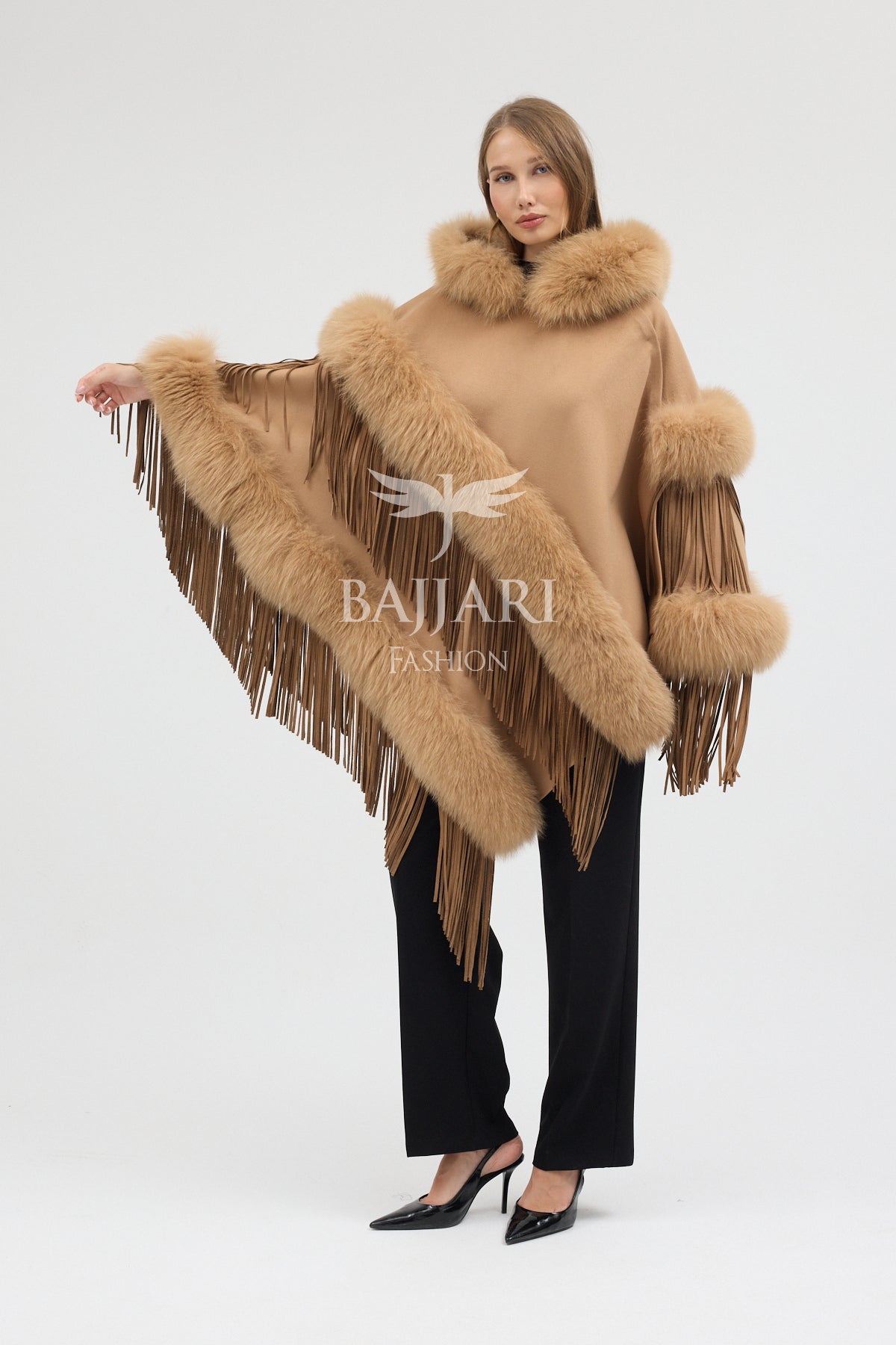 Hooded Cashmere Real Fox Fur Embroidered Tassel Cape Shawl