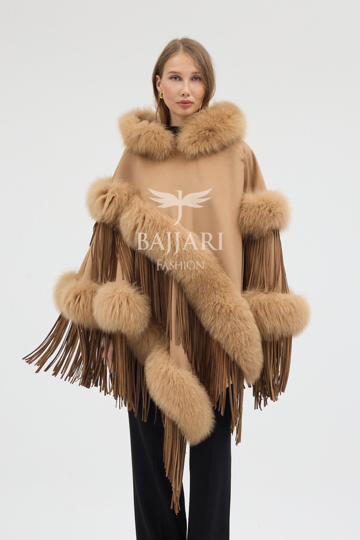 Hooded Cashmere Real Fox Fur Embroidered Tassel Cape Shawl