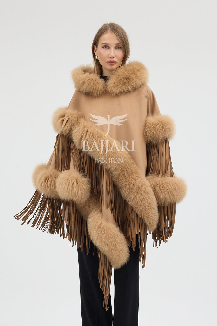 Hooded Cashmere Real Fox Fur Embroidered Tassel Cape Shawl