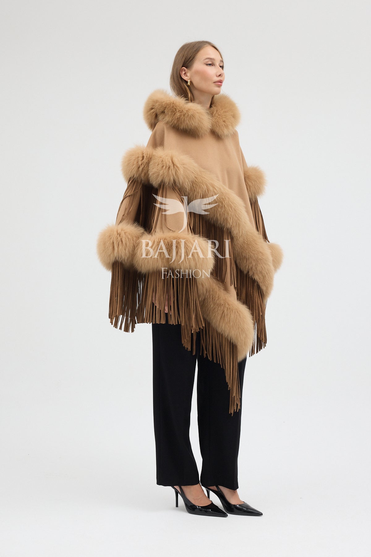 Hooded Cashmere Real Fox Fur Embroidered Tassel Cape Shawl