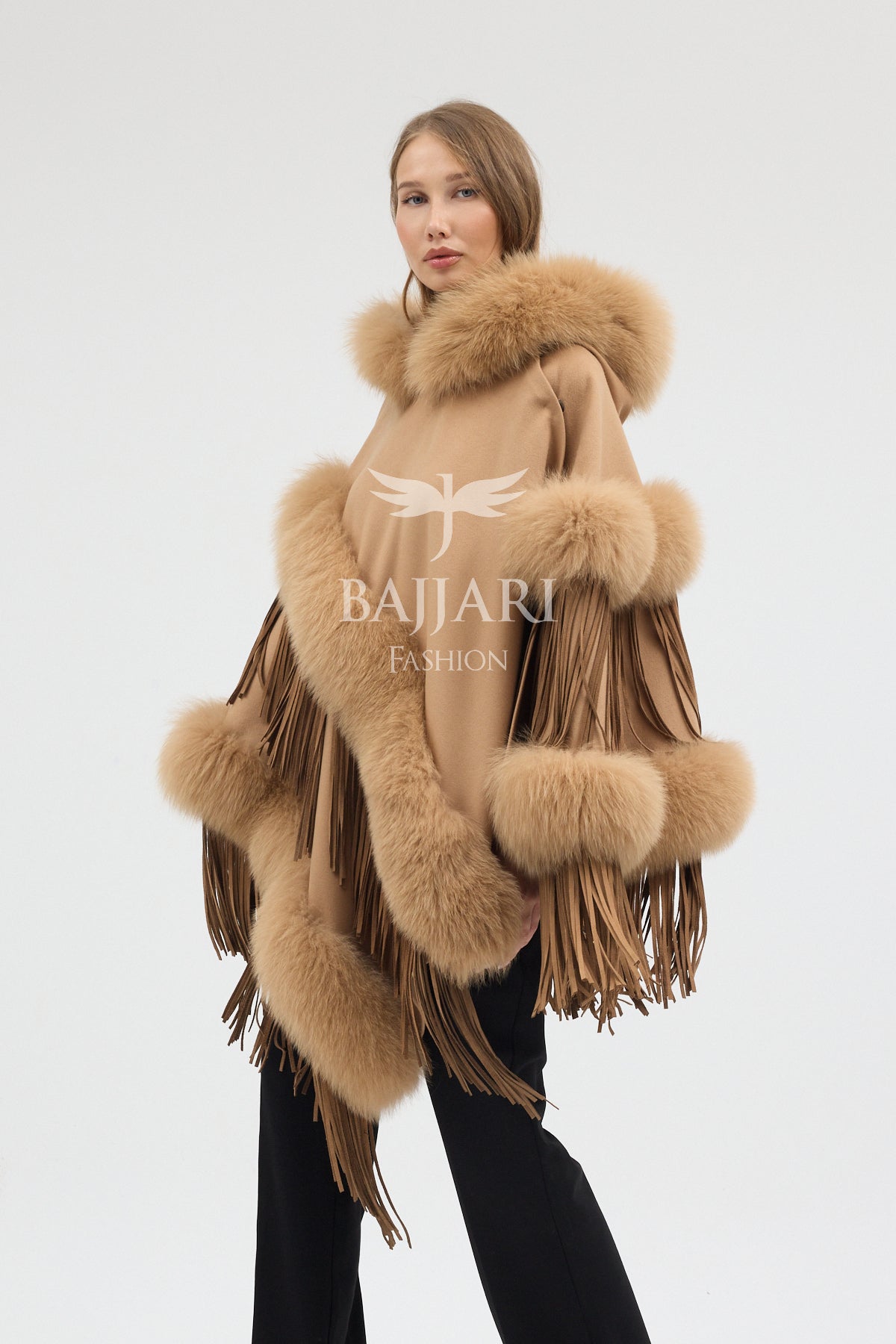 Hooded Cashmere Real Fox Fur Embroidered Tassel Cape Shawl