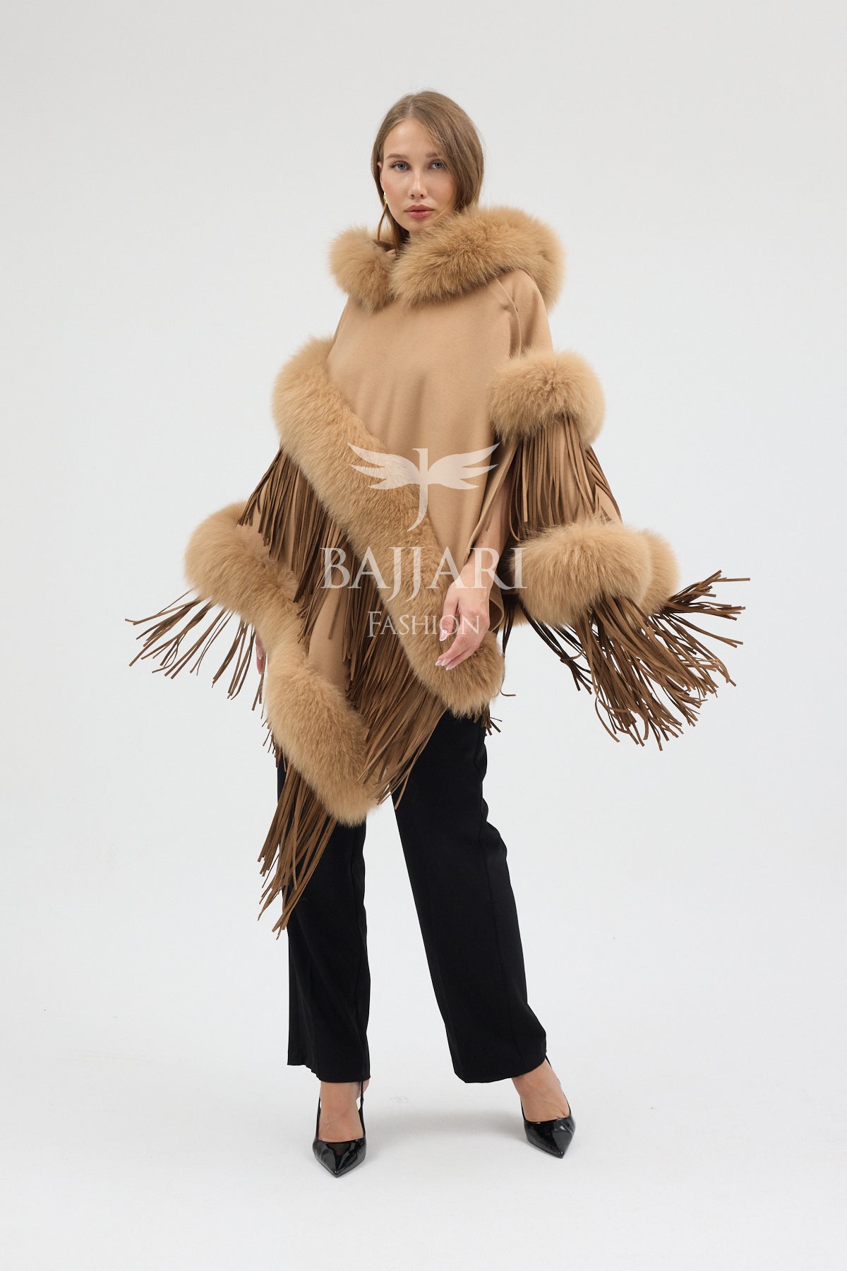 Hooded Cashmere Real Fox Fur Embroidered Tassel Cape Shawl
