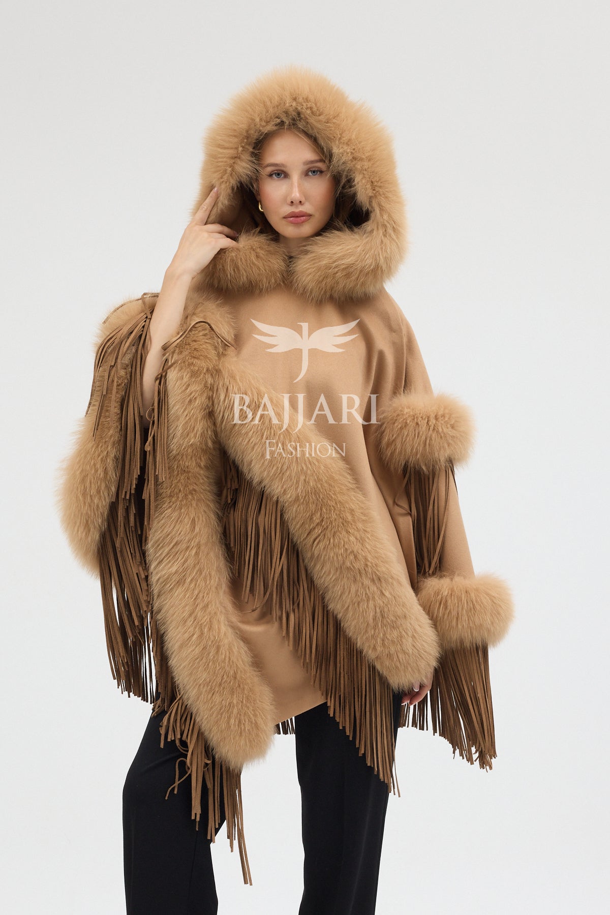 Hooded Cashmere Real Fox Fur Embroidered Tassel Cape Shawl