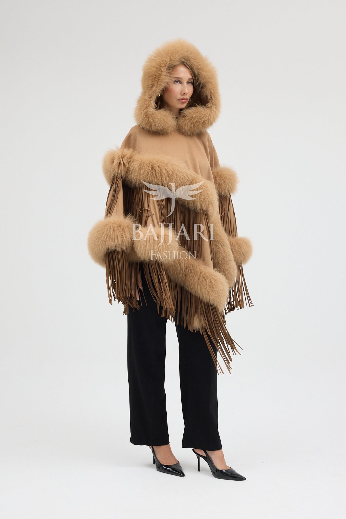 Hooded Cashmere Real Fox Fur Embroidered Tassel Cape Shawl