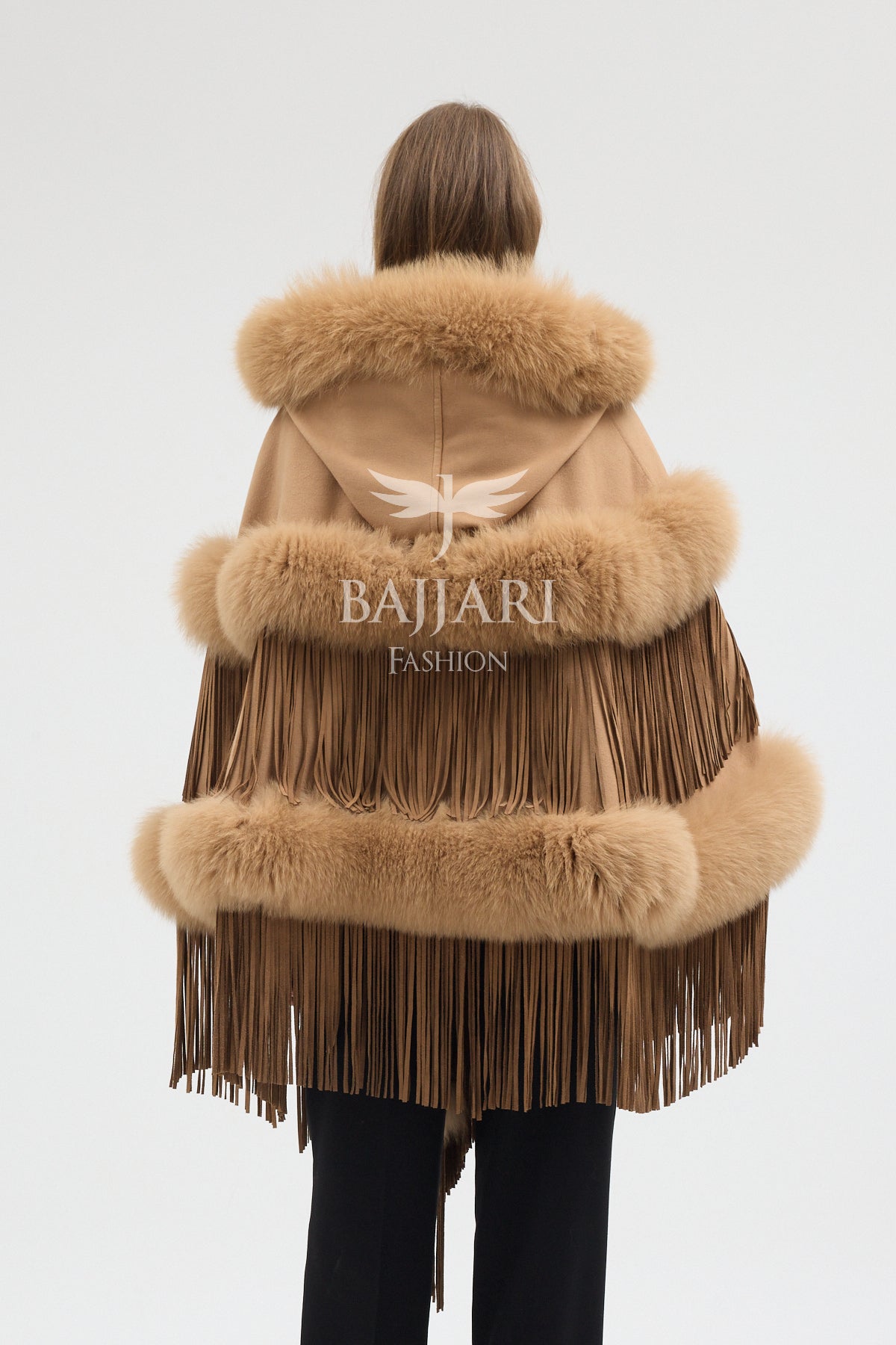 Hooded Cashmere Real Fox Fur Embroidered Tassel Cape Shawl