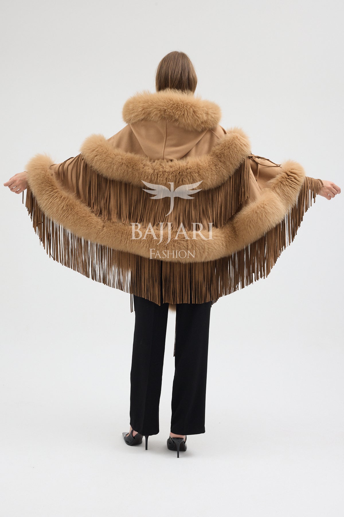 Hooded Cashmere Real Fox Fur Embroidered Tassel Cape Shawl