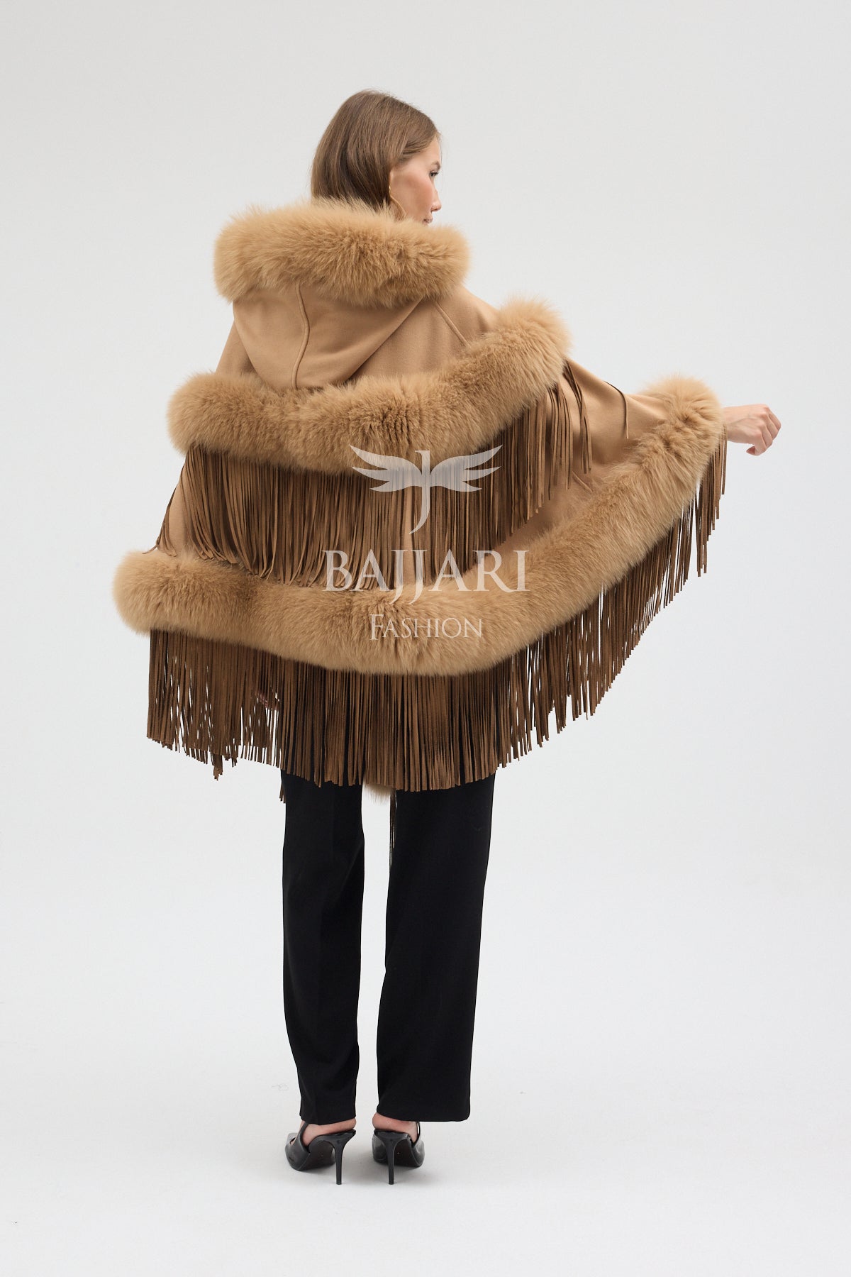 Hooded Cashmere Real Fox Fur Embroidered Tassel Cape Shawl