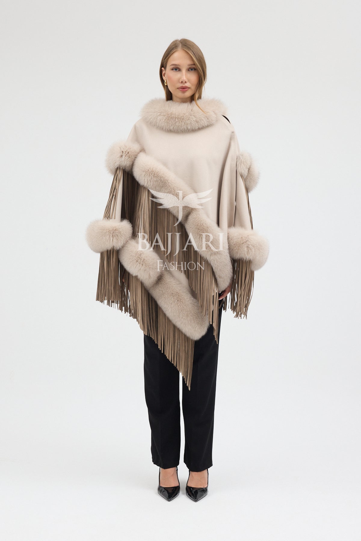 Cashmere Real Fox Fur Embroidered Tassel Cape Shawl