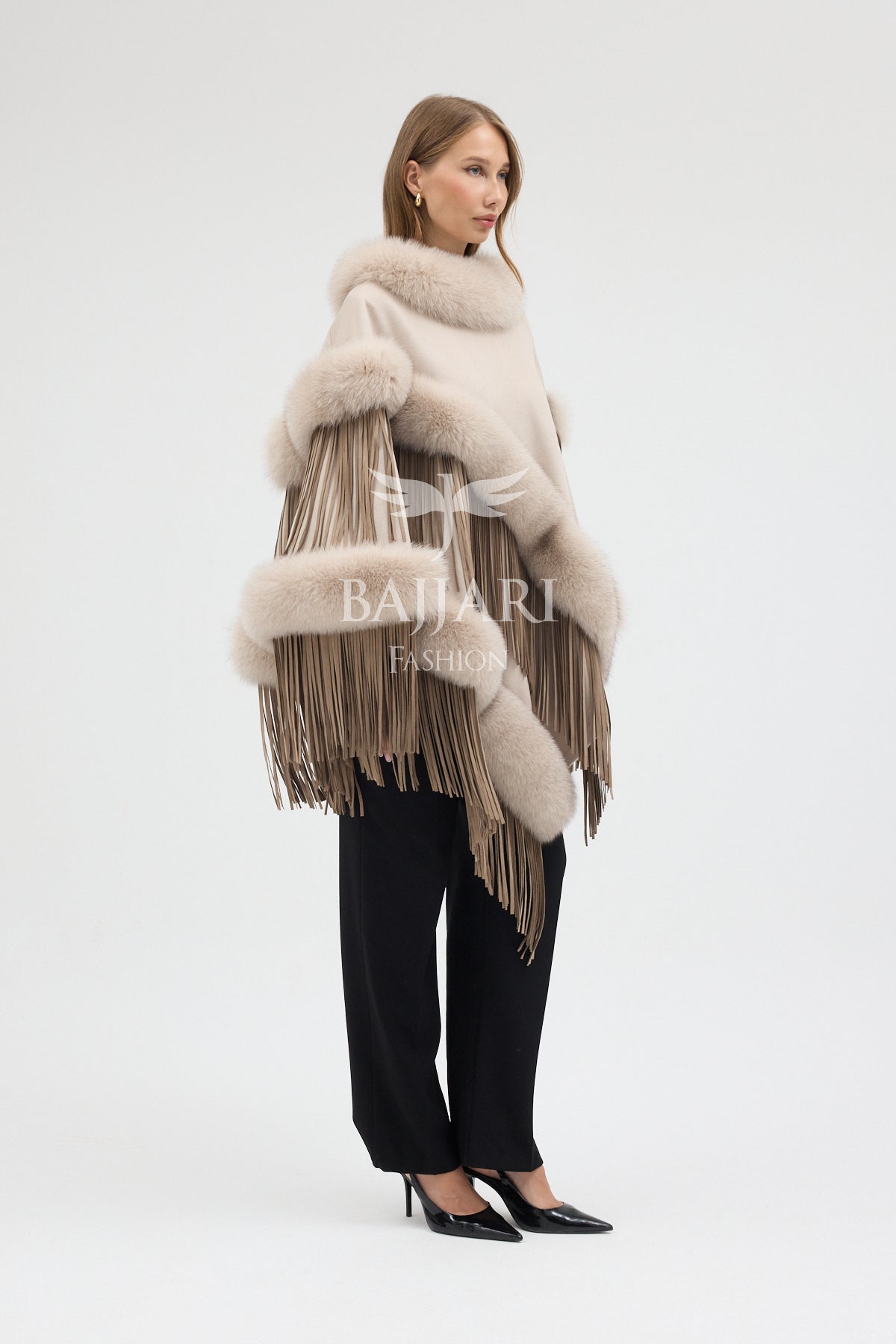 Cashmere Real Fox Fur Embroidered Tassel Cape Shawl