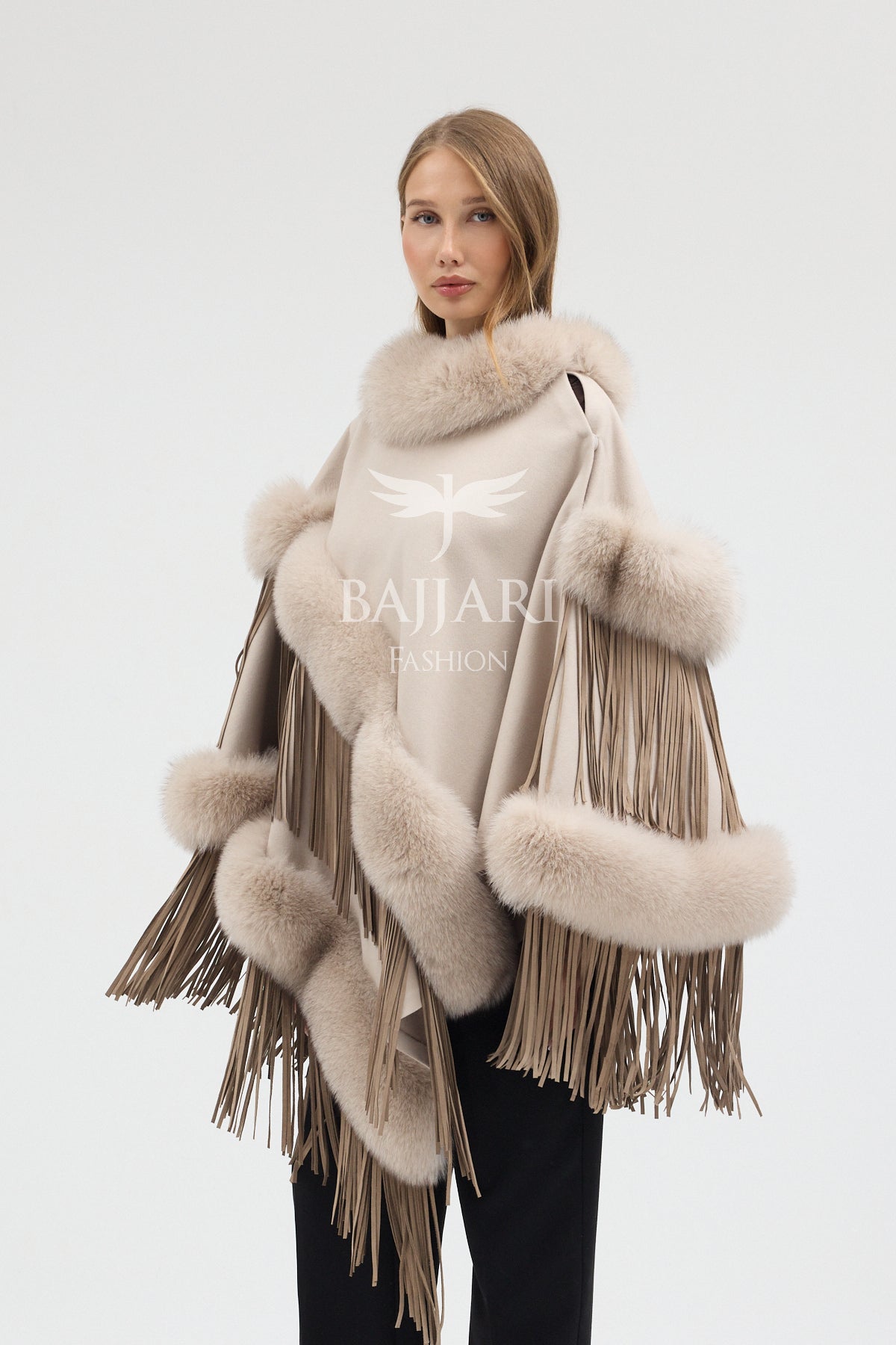 Cashmere Real Fox Fur Embroidered Tassel Cape Shawl