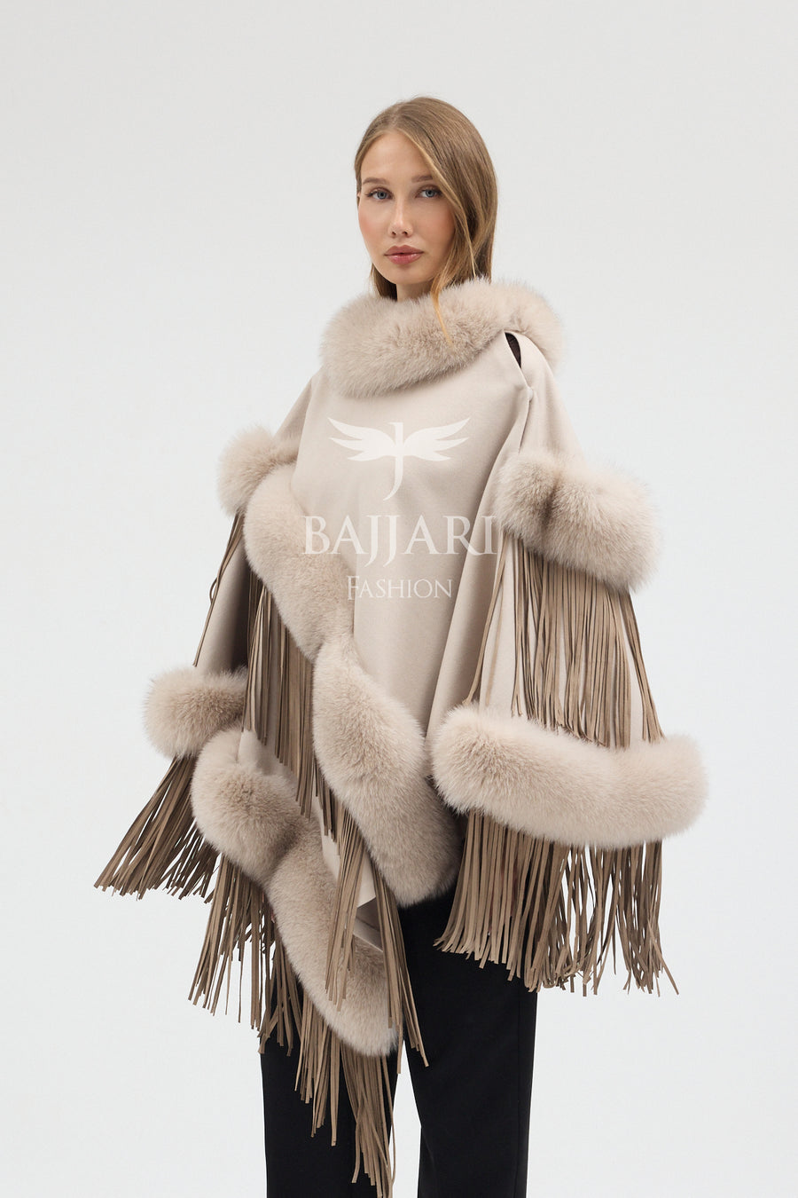 Cashmere Real Fox Fur Embroidered Tassel Cape Shawl