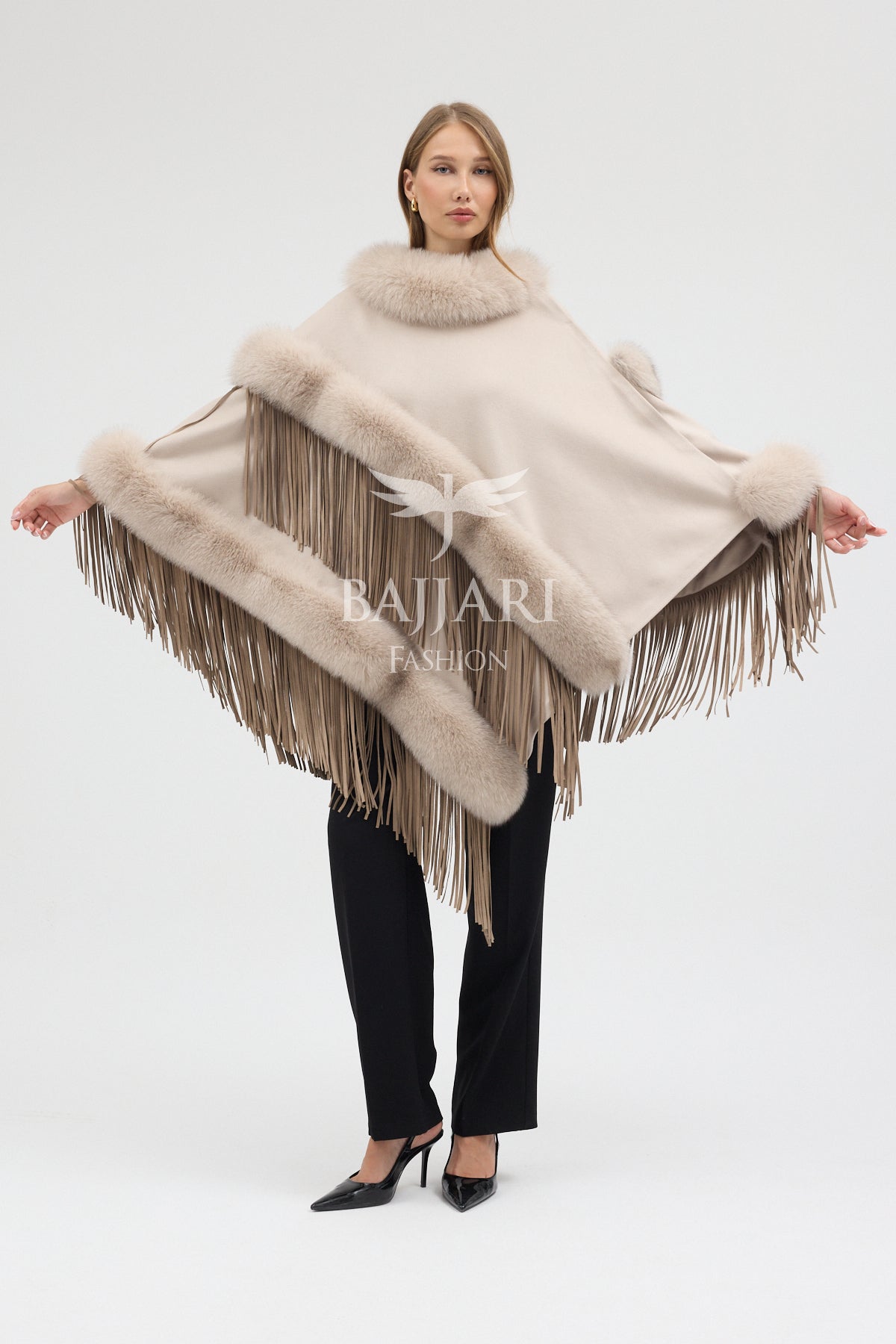Cashmere Real Fox Fur Embroidered Tassel Cape Shawl