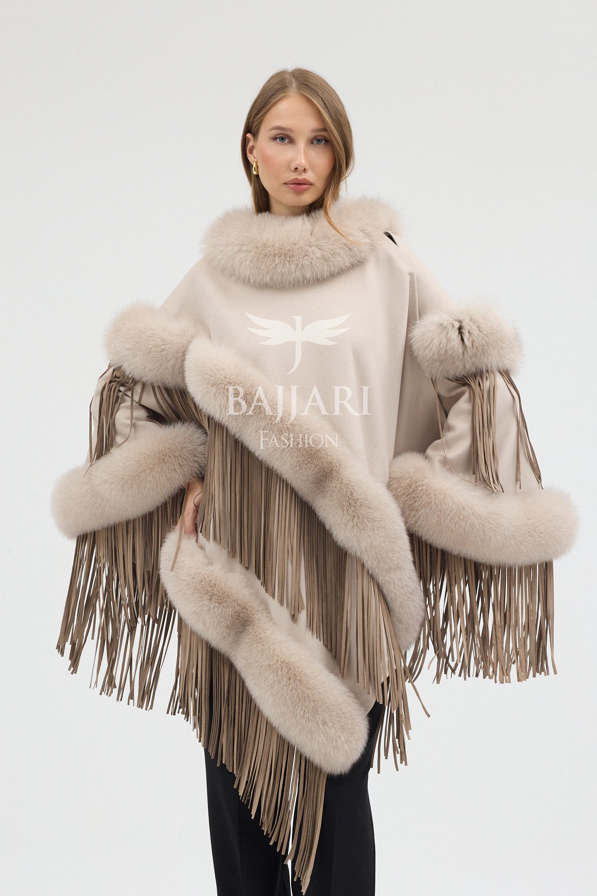 Cashmere Real Fox Fur Embroidered Tassel Cape Shawl