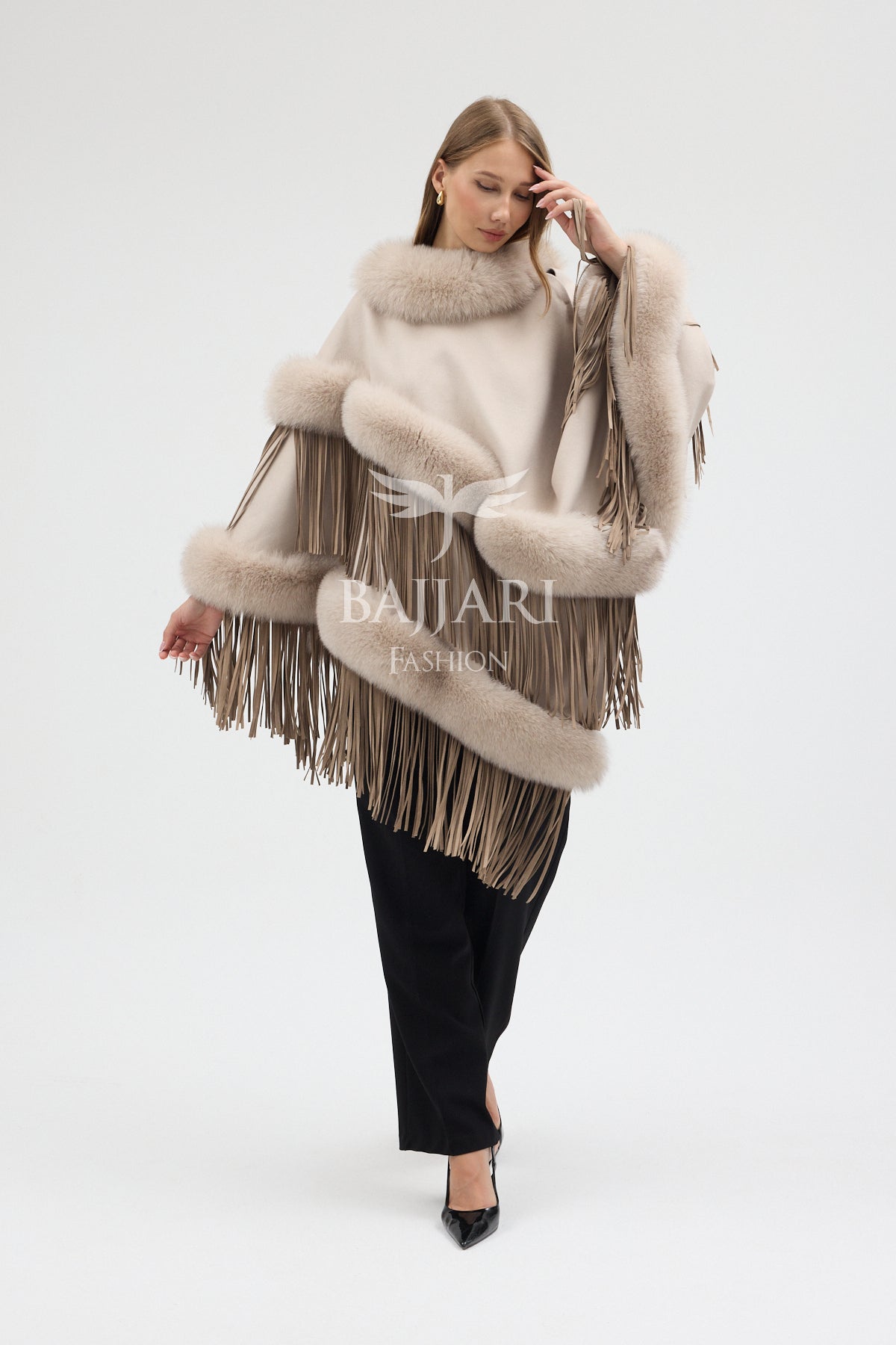 Cashmere Real Fox Fur Embroidered Tassel Cape Shawl