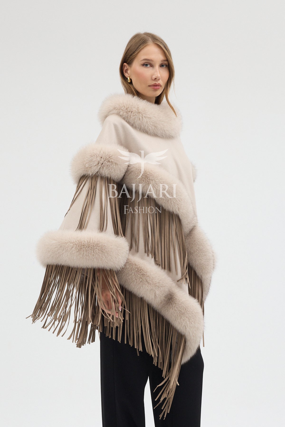 Cashmere Real Fox Fur Embroidered Tassel Cape Shawl