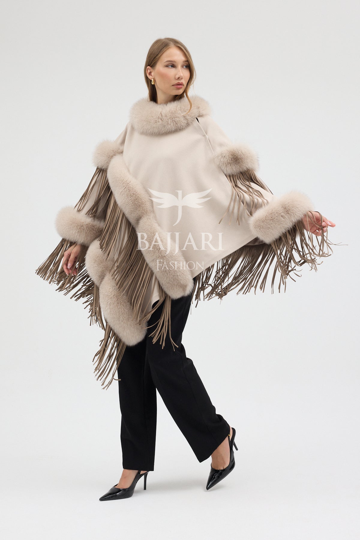 Cashmere Real Fox Fur Embroidered Tassel Cape Shawl